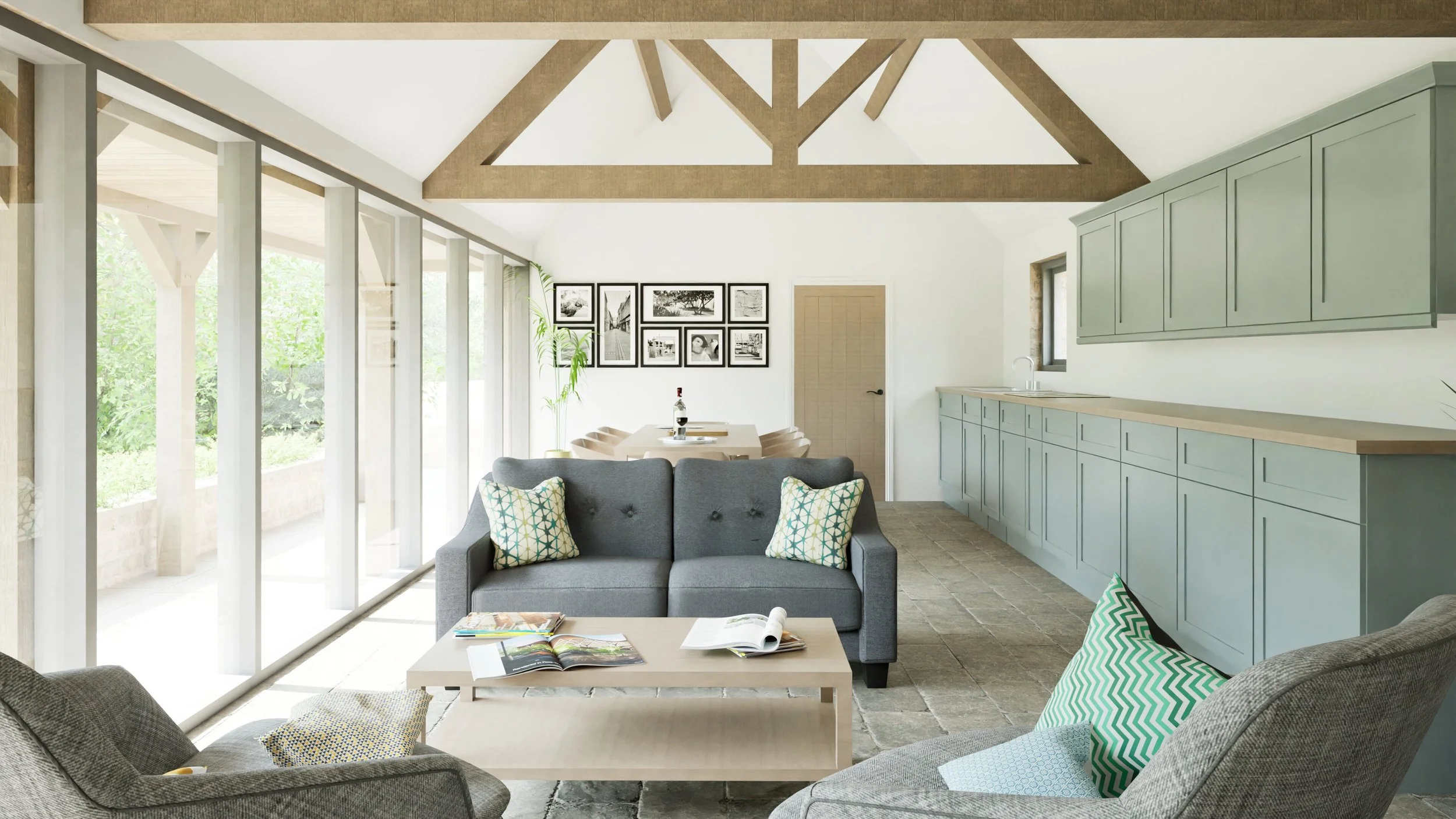 Expansive glazing floods the living area with natural light while connecting to the garden terrace.