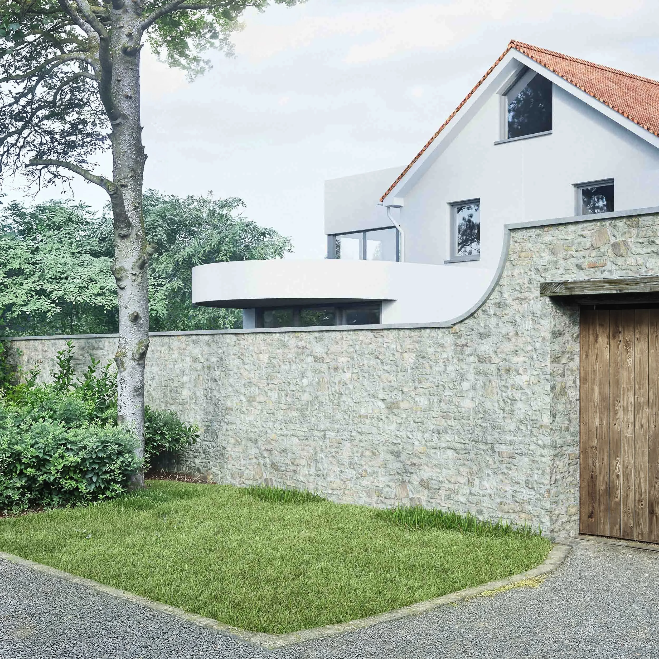 Street view of a historic stone boundary wall and timber gate concealing a modern white render house extension in the Leigh Woods Conservation Area, Bristol.
