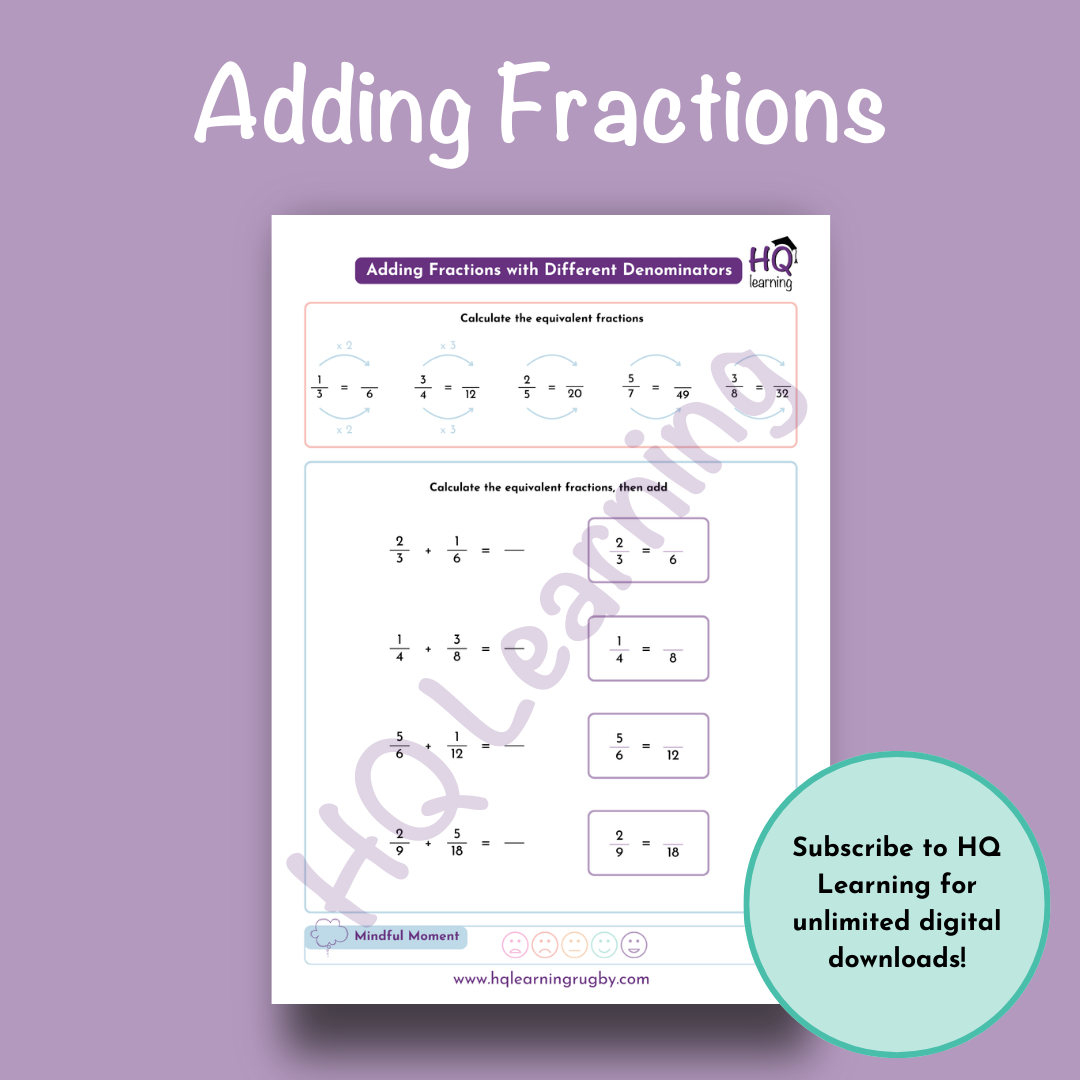Adding Fractions with Different Denominators Worksheet — HQ Learning Rugby