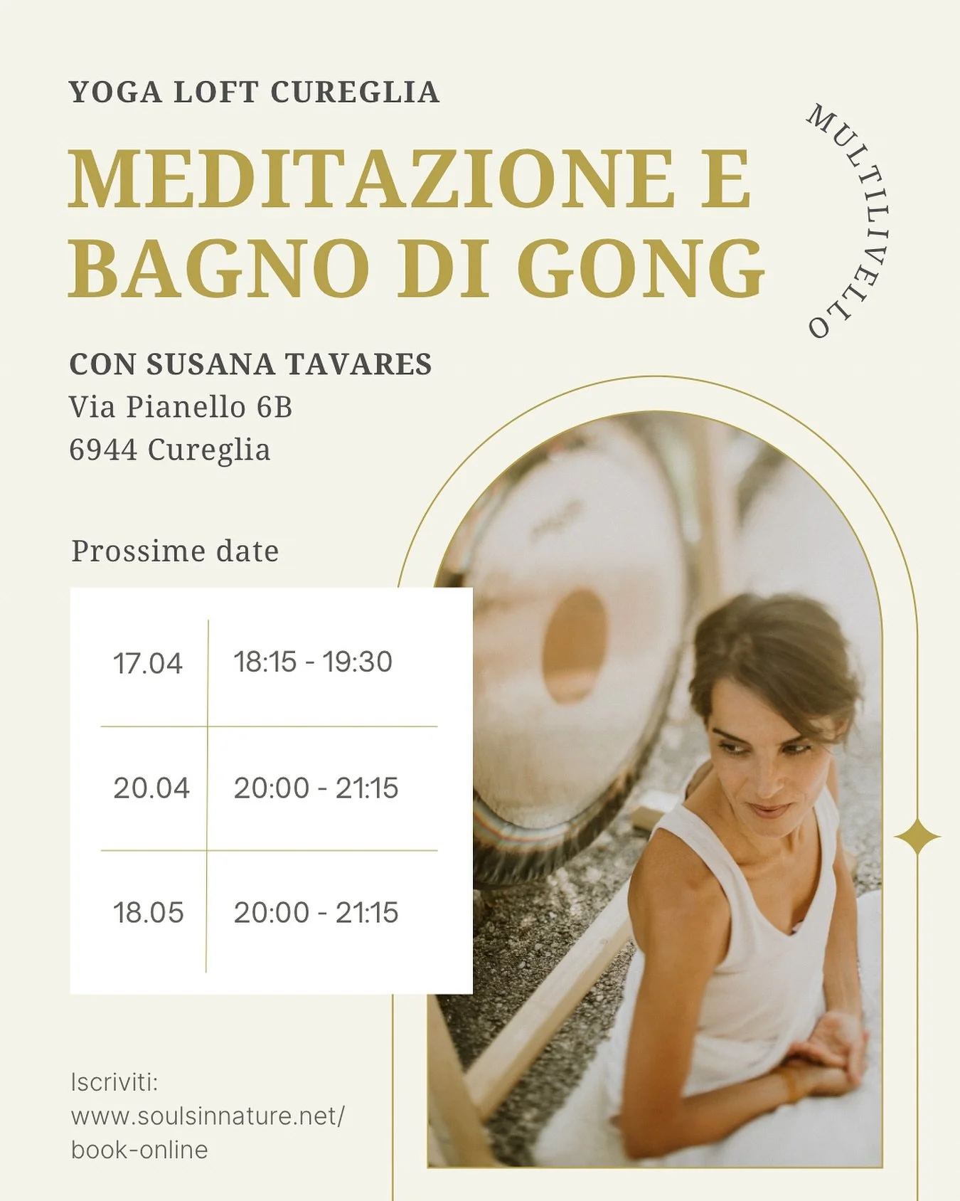 ✨ Un viaggio nel suono, nel silenzio, dentro di te ✨

Ti invito a una serata di meditazione e bagno di gong, uno spazio sacro in cui rallentare, lasciare andare e ritrovare il tuo centro.

Il suono del gong non &egrave; solo qualcosa che si ascolta&h