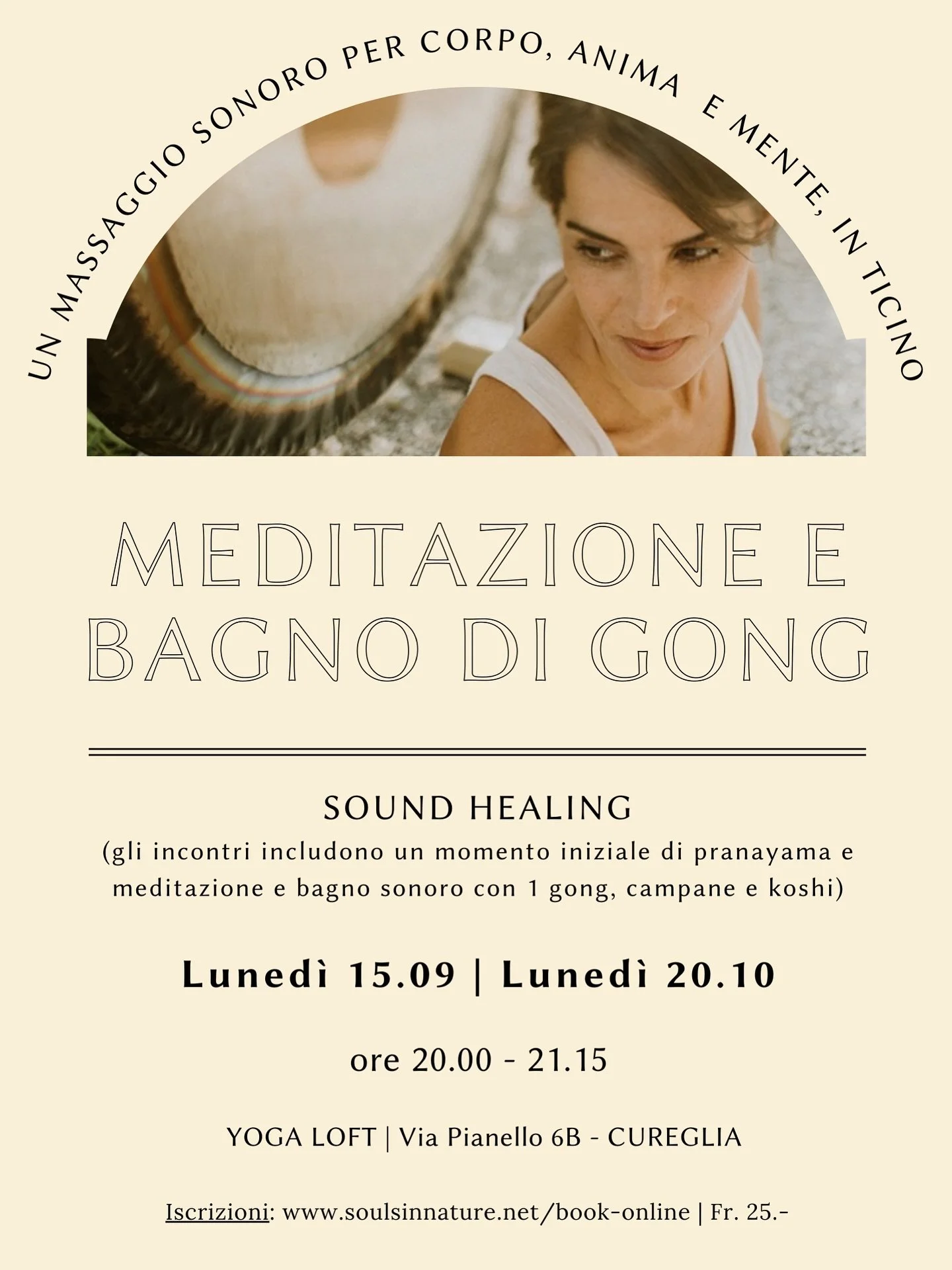 Sessioni mensili di meditazione e bagno di gong a Cureglia. 

Ogni terzo luned&igrave; del mese, ore 20:00 - 21:15.

Armonizzazione sonora, serenit&agrave;, guarigione.

Iscrizioni: www.soulsinnature.net/book-online

#luganoyoga #gongticino #yogaluga