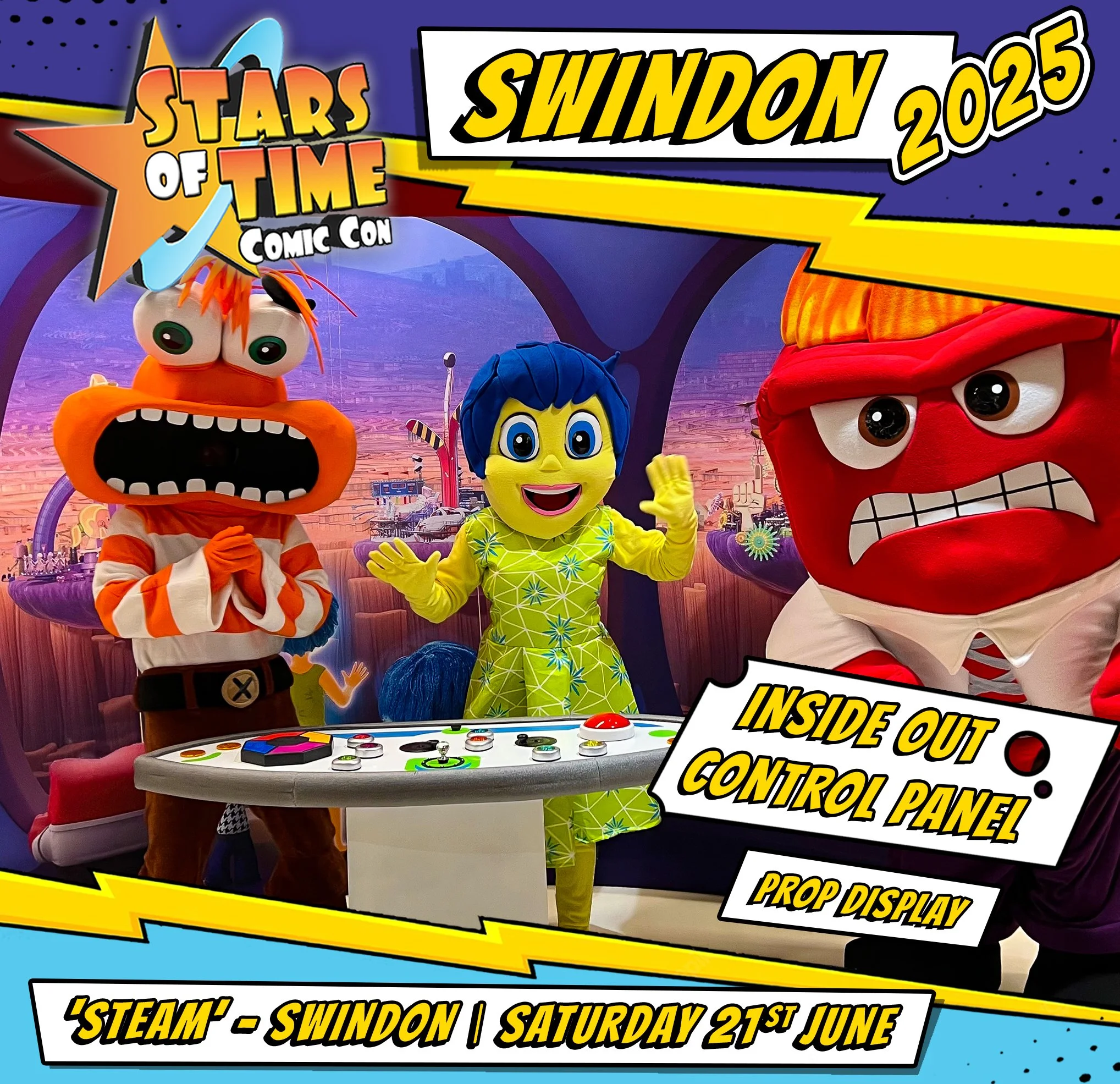 Promotional poster for Swindon 2025 at Stars of Time Comic Con, featuring characters in mascot costumes including a large orange creature with big eyes and wide mouth, a yellow character with blue hair, and a red character with angry eyes. The background depicts a theme park or carnival scene. The poster mentions an inside-out control panel prop display and indicates the event is on Saturday, June 21st.