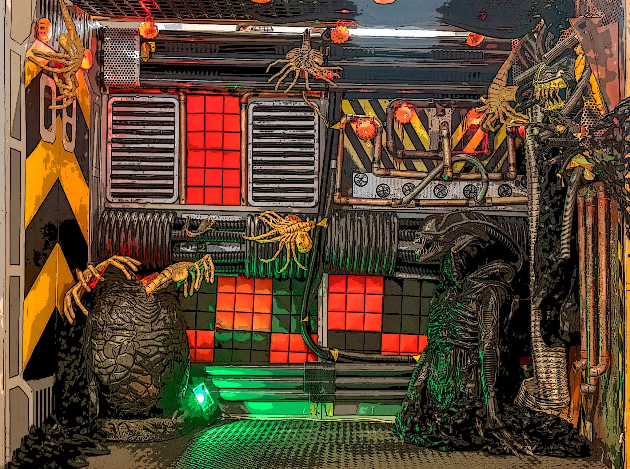 A sci-fi themed scene with alien creatures and machinery, featuring two large alien creatures with armored and alien features, surrounded by pipes, vents, red and green lights, and smaller alien creatures hanging on the machinery.