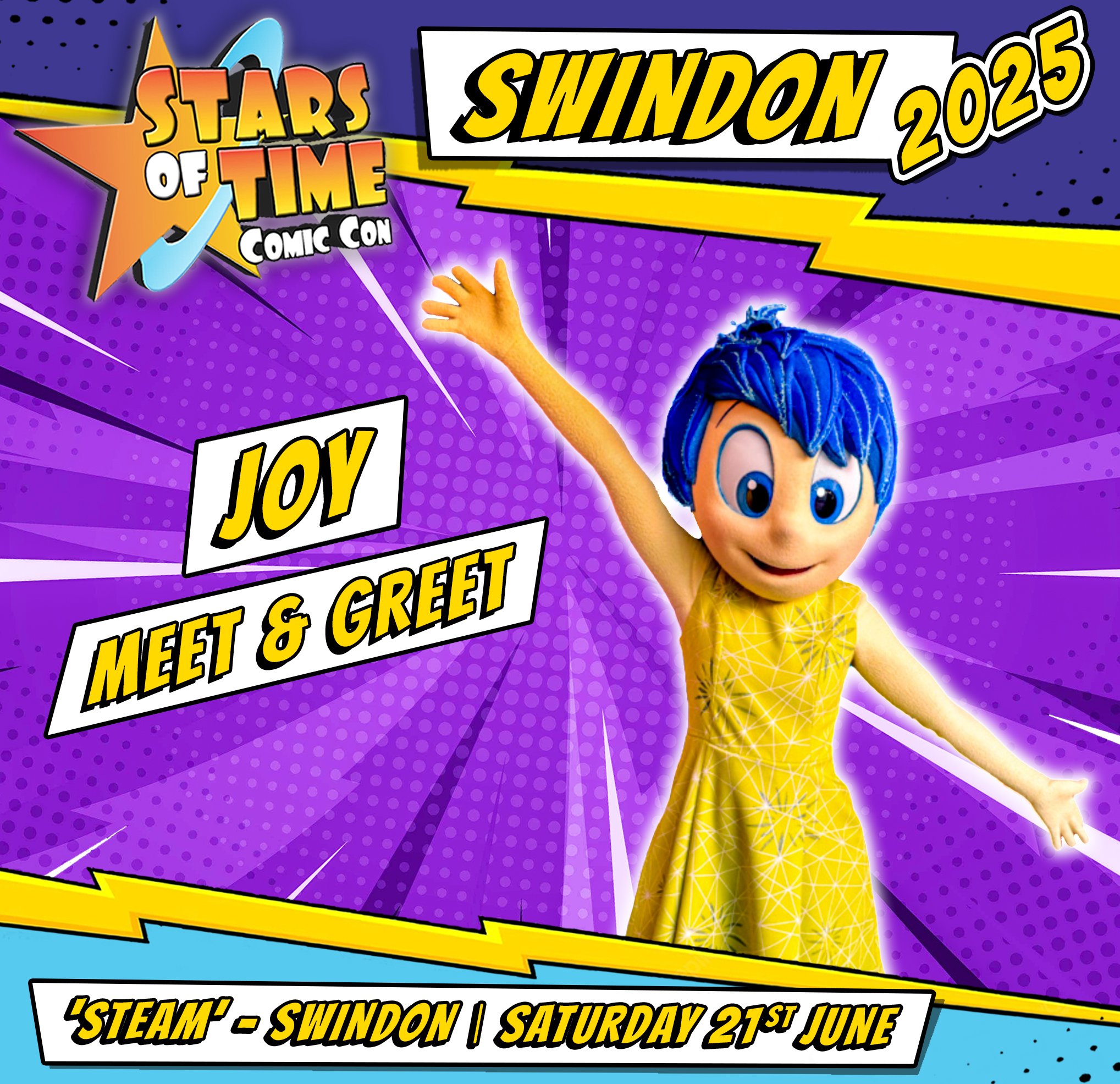 Event poster with a purple comic book style background promoting Joy's meet and greet at Swindon 2025 on June 21st, with a cartoon character with blue hair and a yellow dress.