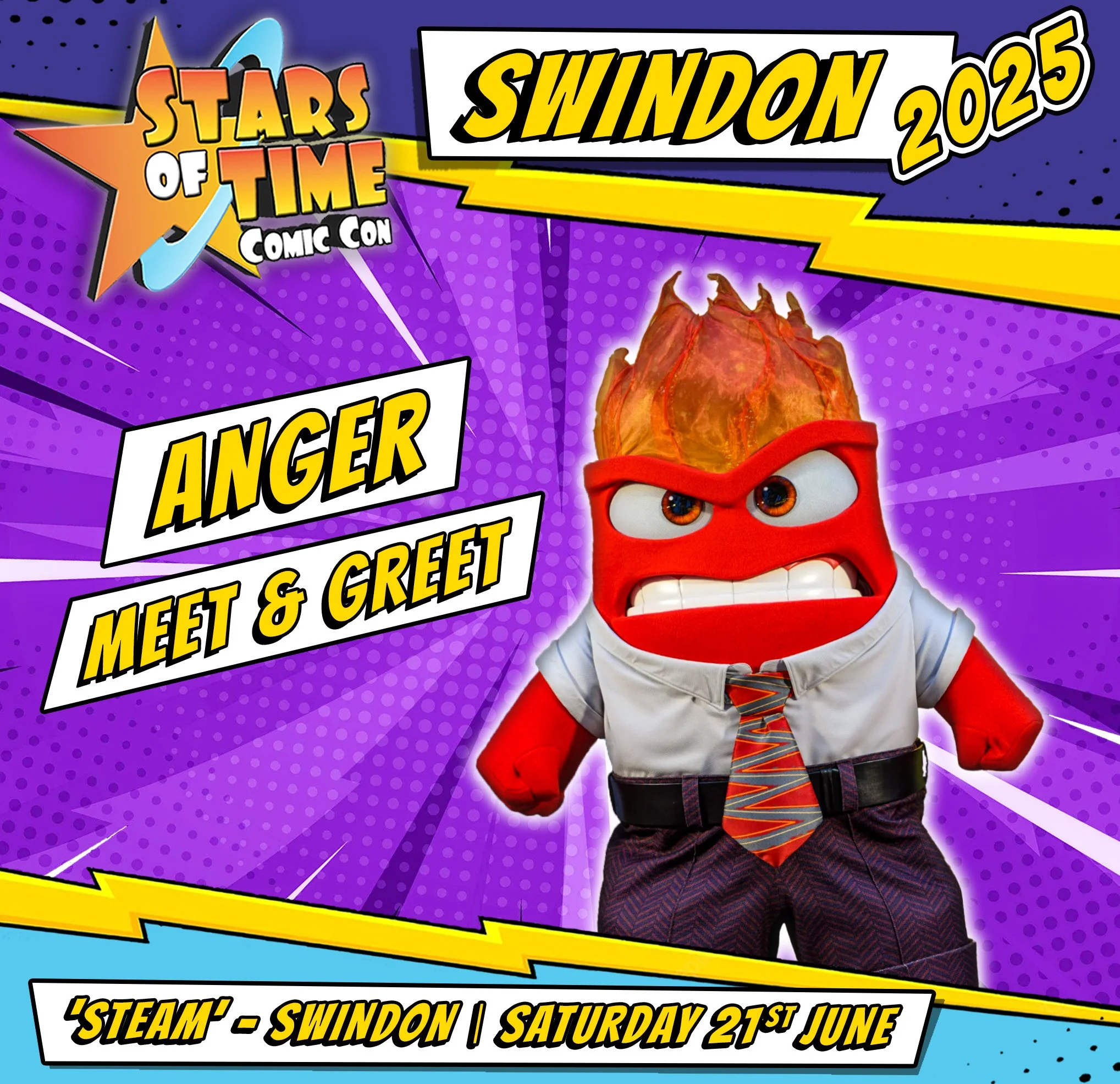 Promotional poster for Stars of Time Comic Con in Swindon 2025 featuring a character with a fiery head, red angry face mask, white shirt, tie, and pants, advertising an anger meet and greet event on Saturday, June 21st.