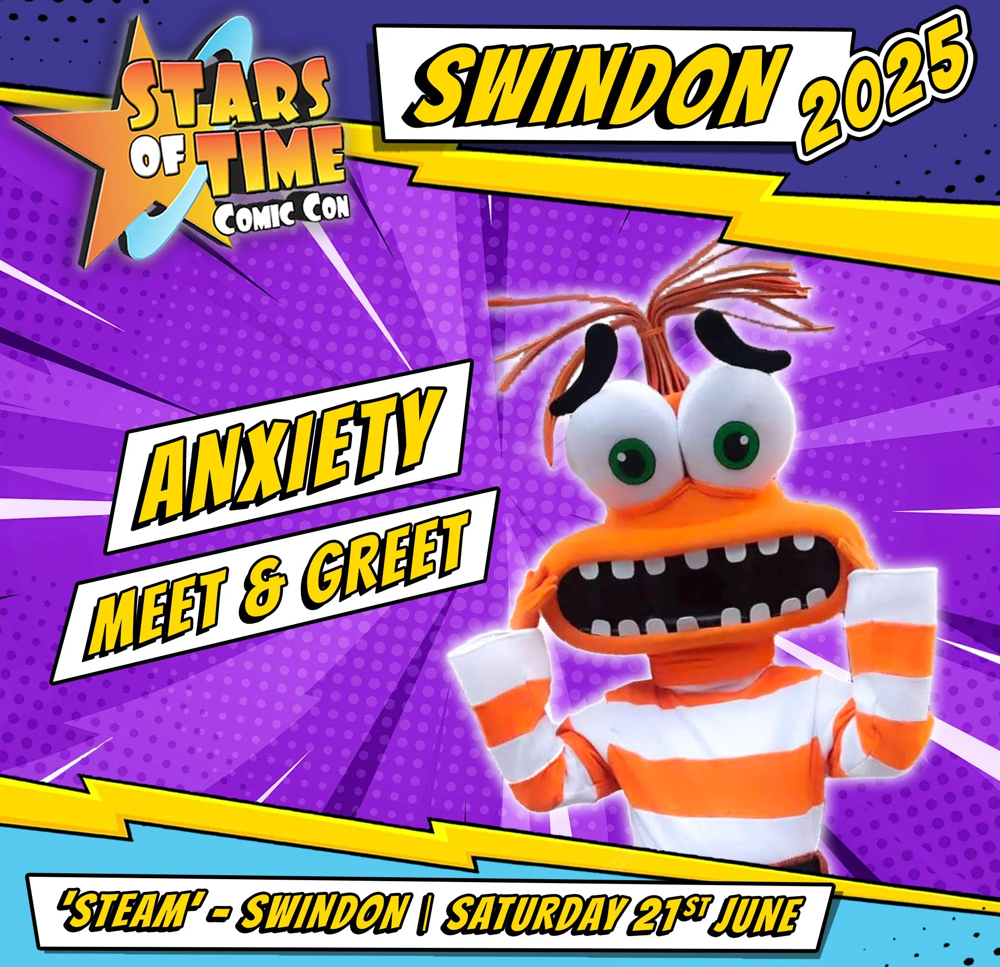 Promotional poster for an Anxiety Meet & Greet at Swindon Comic Con 2025, part of the Stars of Time event, featuring a character with orange and white striped sweater, large eyes, and big mouth, with a purple comic-style background.