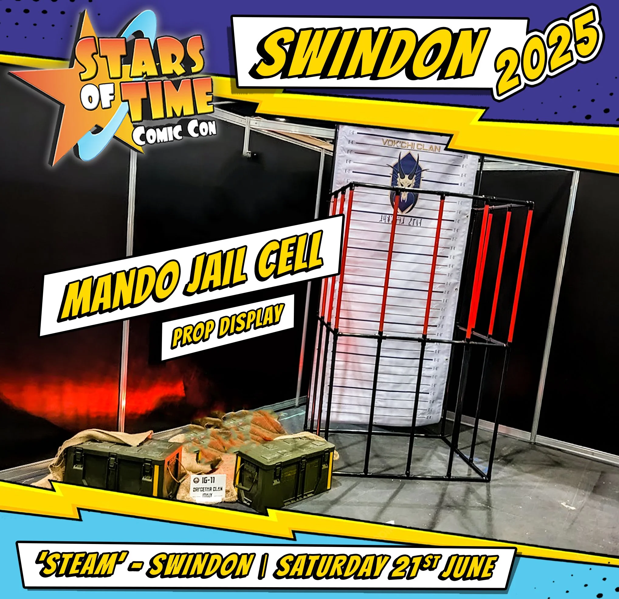 Display booth for 'Mando Jail Cell' at Swindon Comic Con 2023, featuring a mock jail cell prop with a backdrop of a logo, crates, and sandbags at the bottom. Promotional text indicates the event date as Saturday, June 21st.