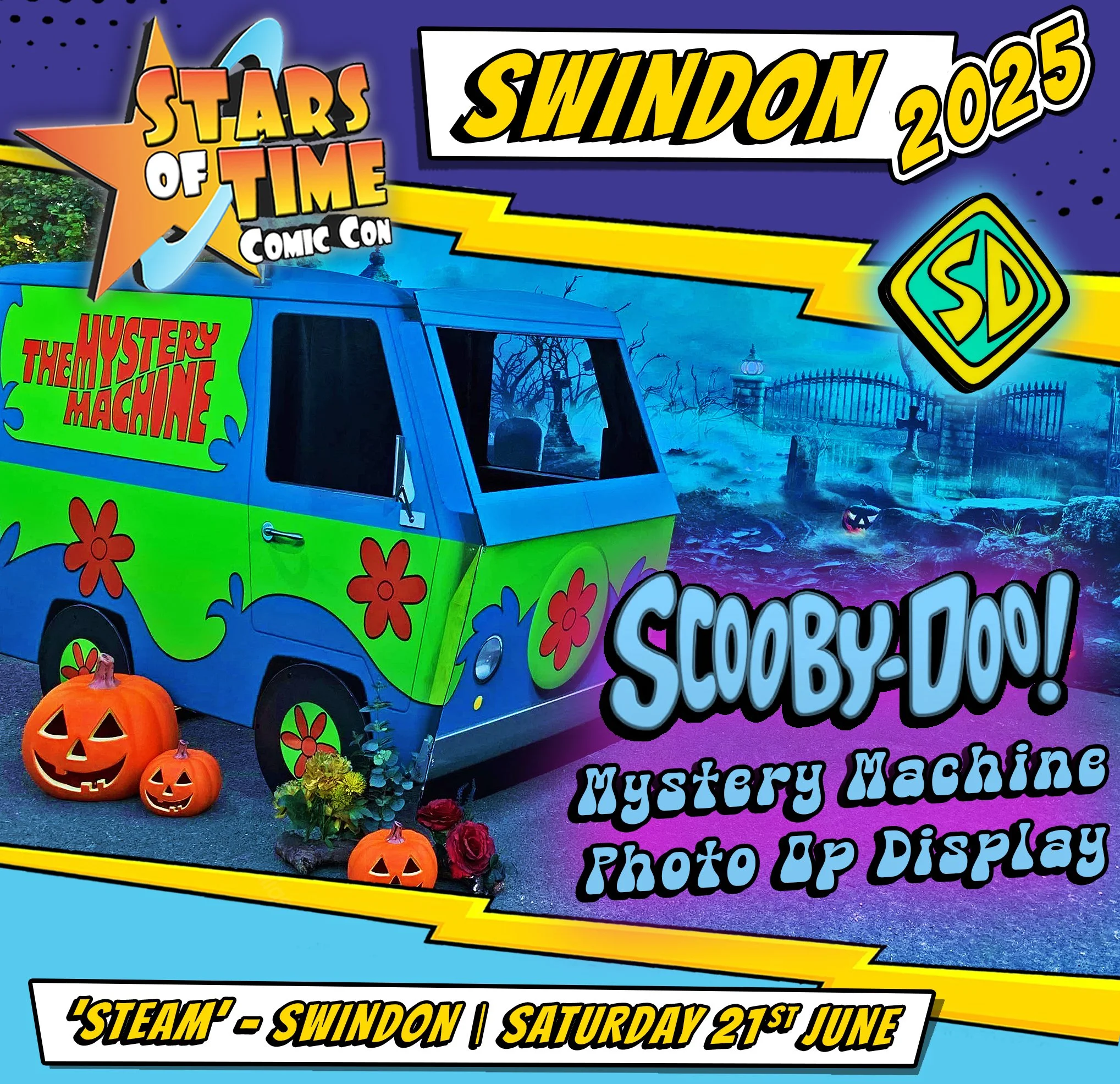 Colorful poster featuring a photo display of the Scooby-Doo Mystery Machine van decorated for Halloween with pumpkins and flowers, background with a spooky graveyard scene, and event details for Swindon 2025 comic convention including the date and location.