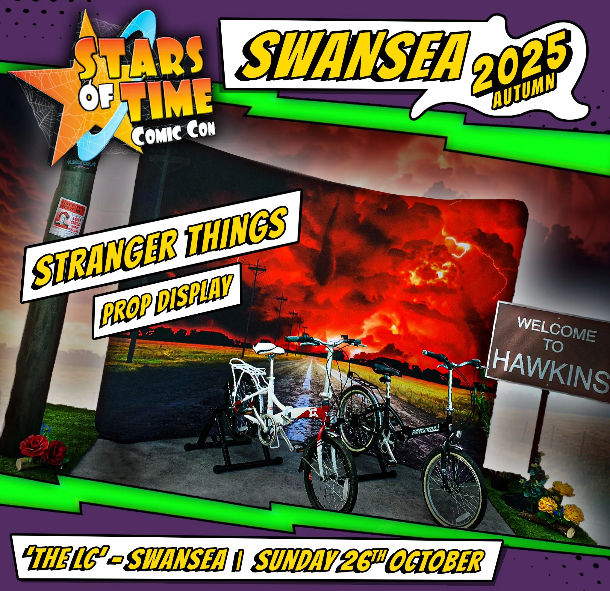 Promotional poster for 'Stars of Time Comic Con' event at Swansea in Autumn 2025, featuring a prop display titled 'Stranger Things' with bicycles and a backdrop of a stormy, lightning-filled sky, and a sign that says 'Welcome to Hawkins'.