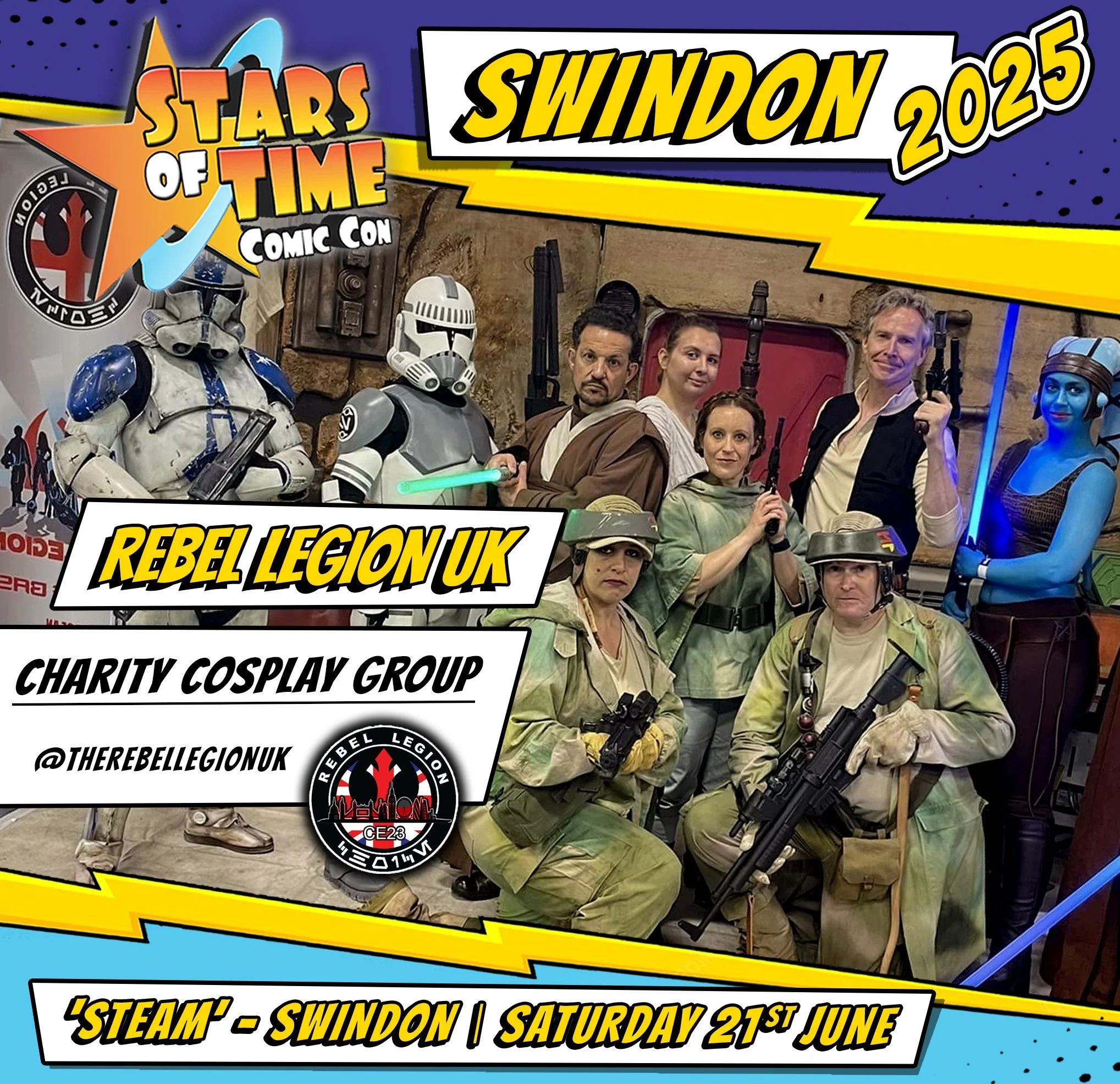 Group of people dressed in Star Wars costumes, including characters like stormtroopers and Rebel Legion UK members, posing indoors at a cosplay event. There are various costumes and props visible, with Lucasfilm-themed banners and signage indicating an event called 'Stars of Time Comic Con' in Swindon on June 21st.