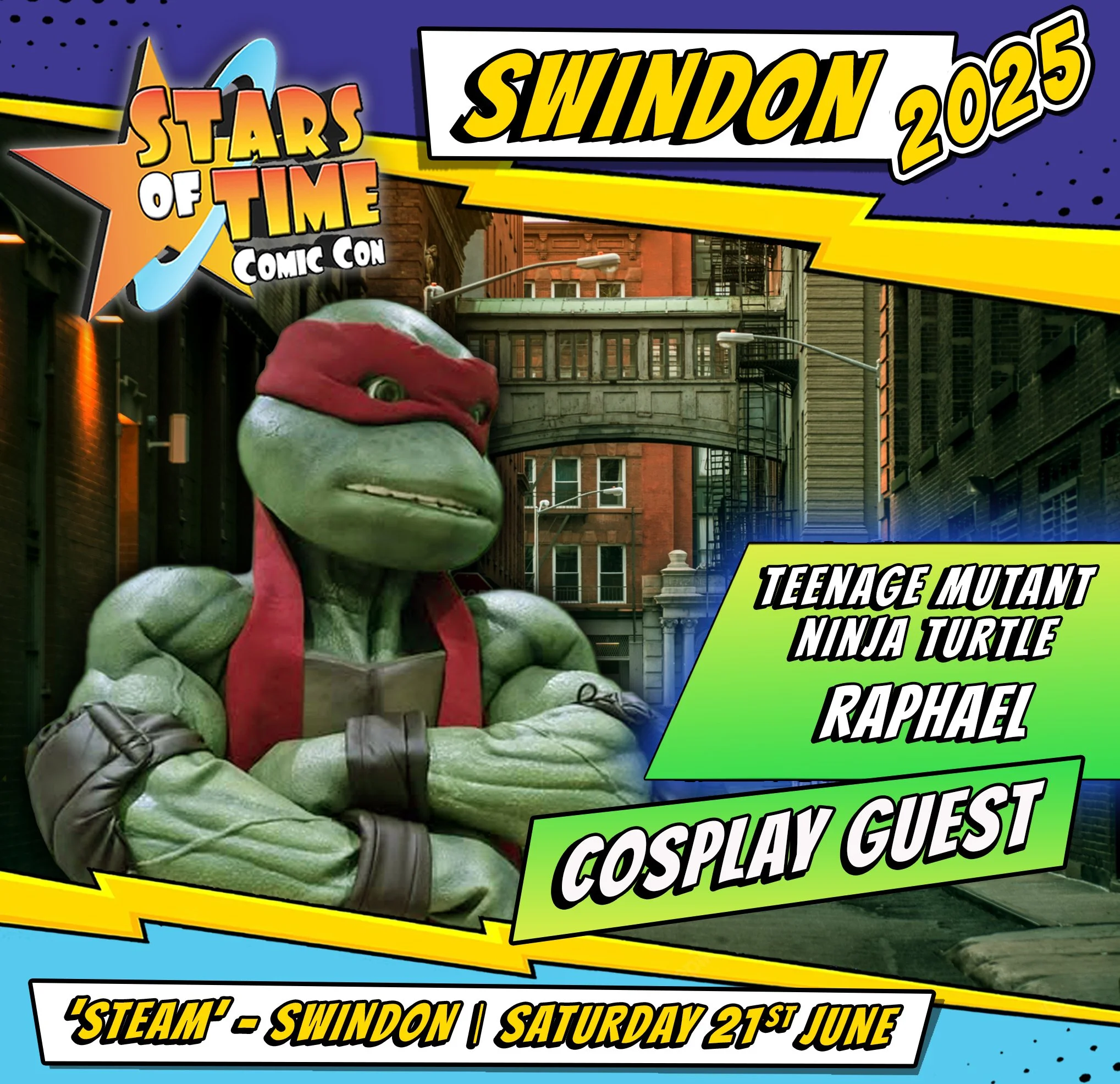 Poster for Stars of Time Comic Con 2023 in Swindon featuring an animated Teenage Mutant Ninja Turtle with crossed arms, mask, and muscular build, against a city street background.