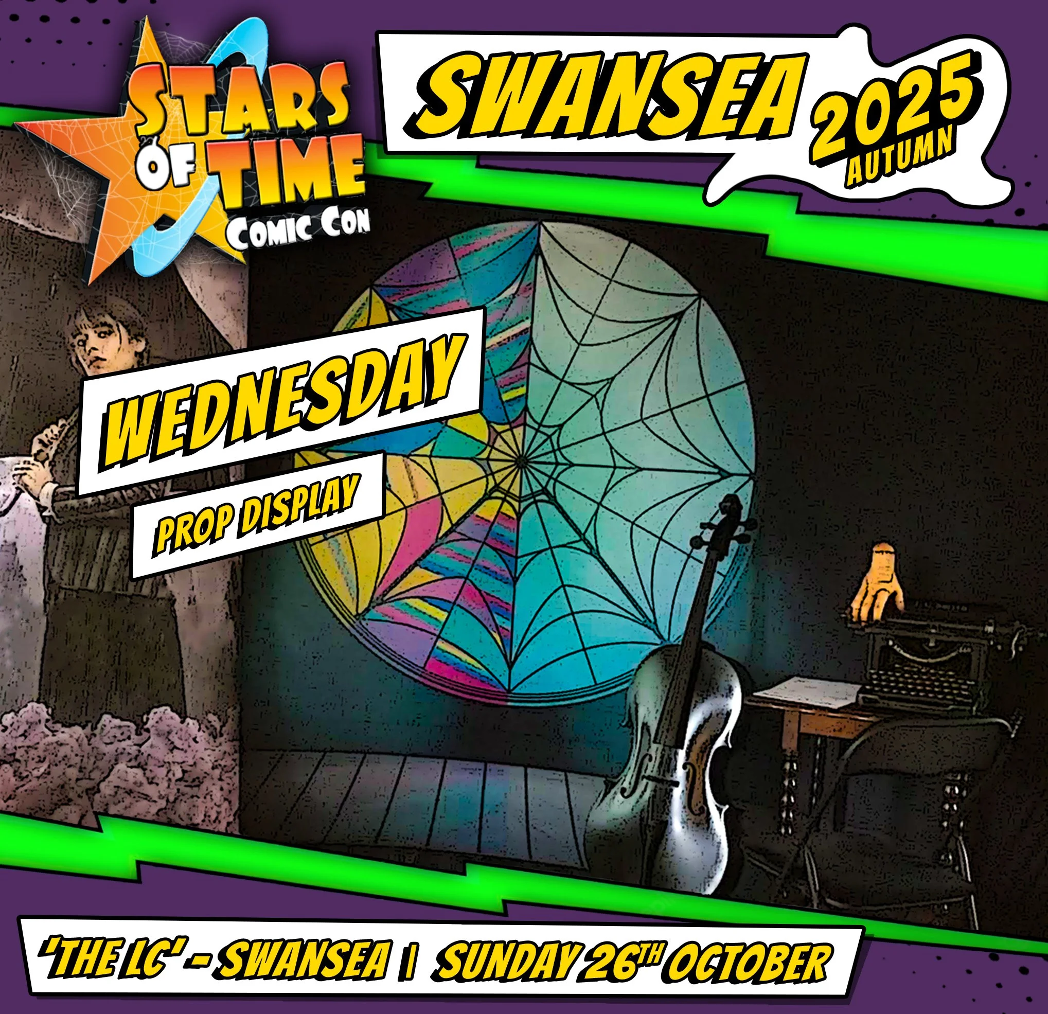 Promotional poster for the 'Stars of Time Comic Con' event in Swansea in autumn 2025 features a colorful spider web backdrop, a violin on a stand, and a vintage typewriter. Text highlights include the event date, Wednesday with a prop display, and venue details at The LIC in Swansea on October 26th.