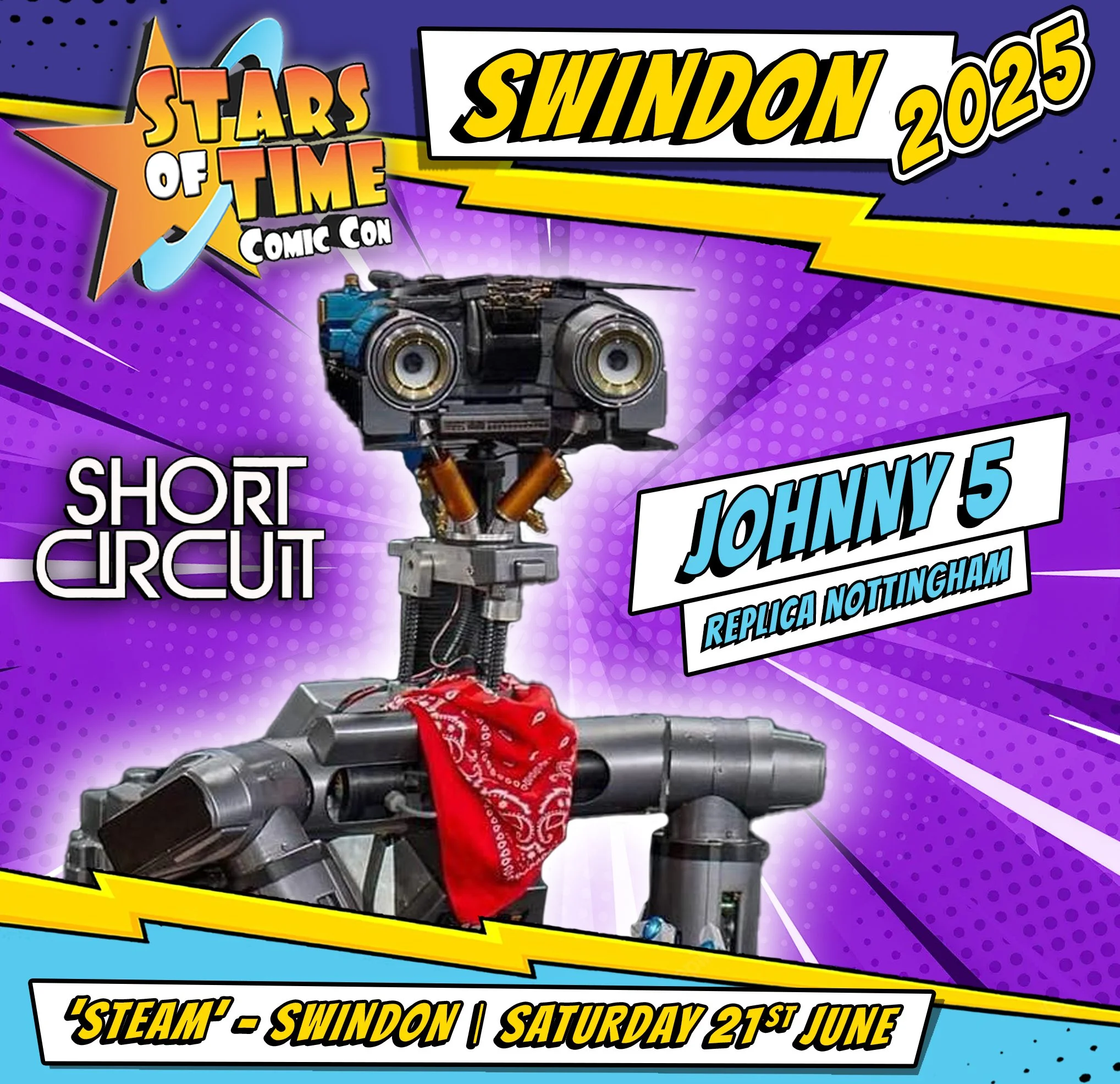 Event poster for 2023 Swindon Stars of Time Comic Con showcasing a robot with a red bandana, and text mentioning Johnny 5, short circuit, and the event details.