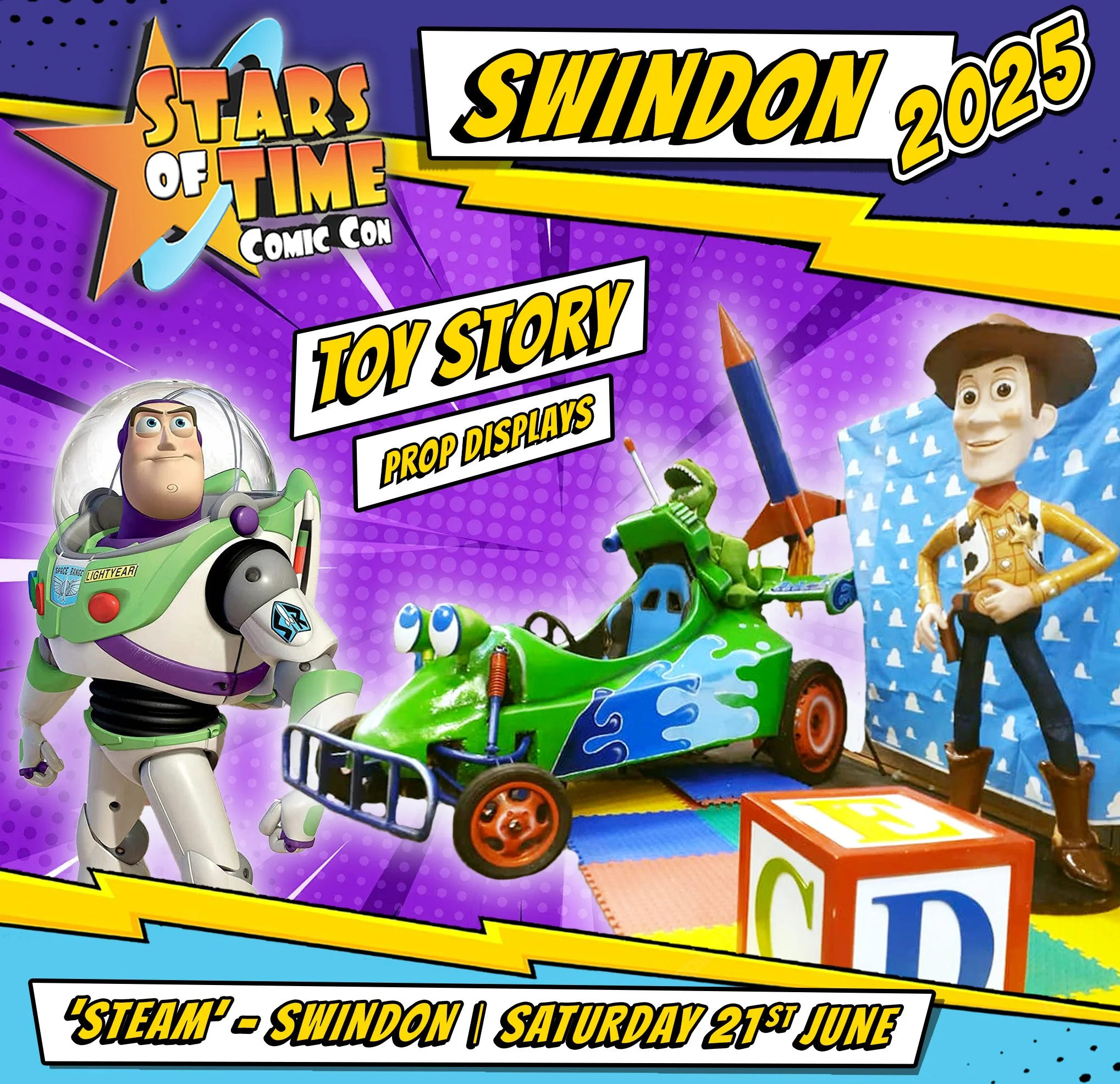 Event poster for 'Stars of Time' comic convention in Swindon 2023, featuring Toy Story prop displays, including Buzz Lightyear, a green race car, and Sheriff Woody, with event details and date.