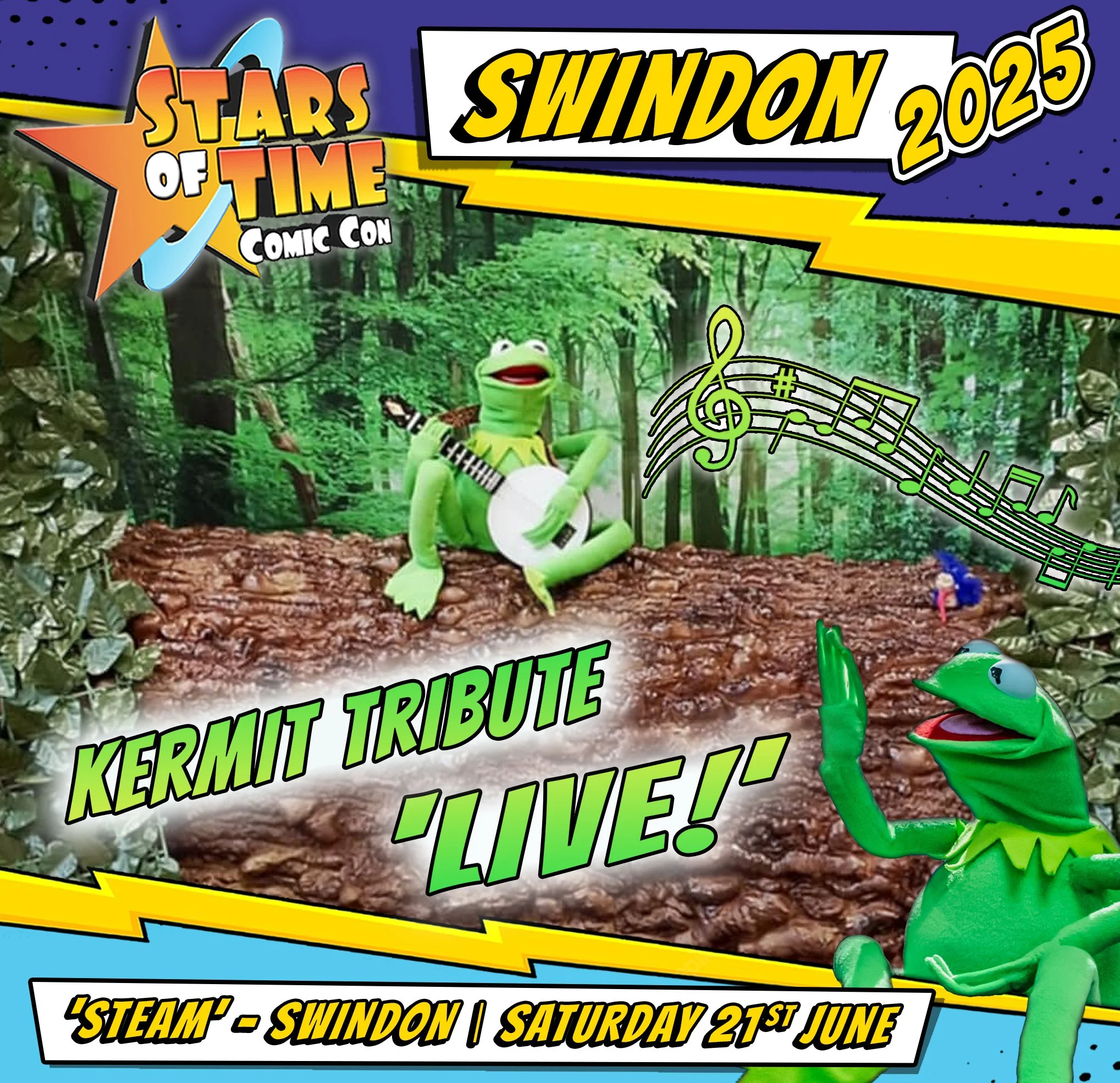 Poster for 'Kermit Tribute Live' at Swindon 2025, part of Stars of Time Comic Con, featuring Kermit the Frog with a banjo and musical notes in a wooded background.