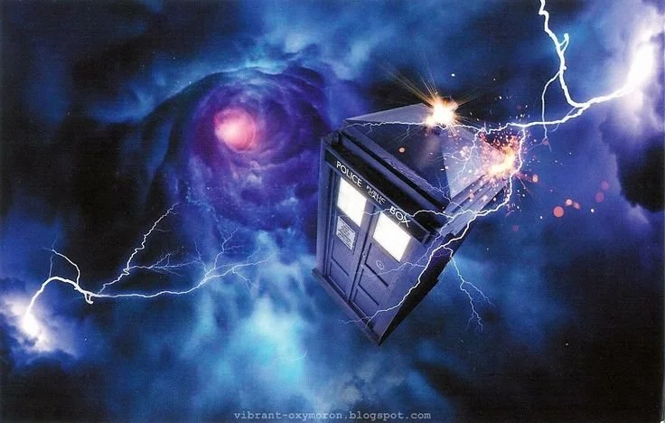 A police box, resembling the TARDIS from Doctor Who, appears to be floating in space with lightning and cosmic storm effects around it.