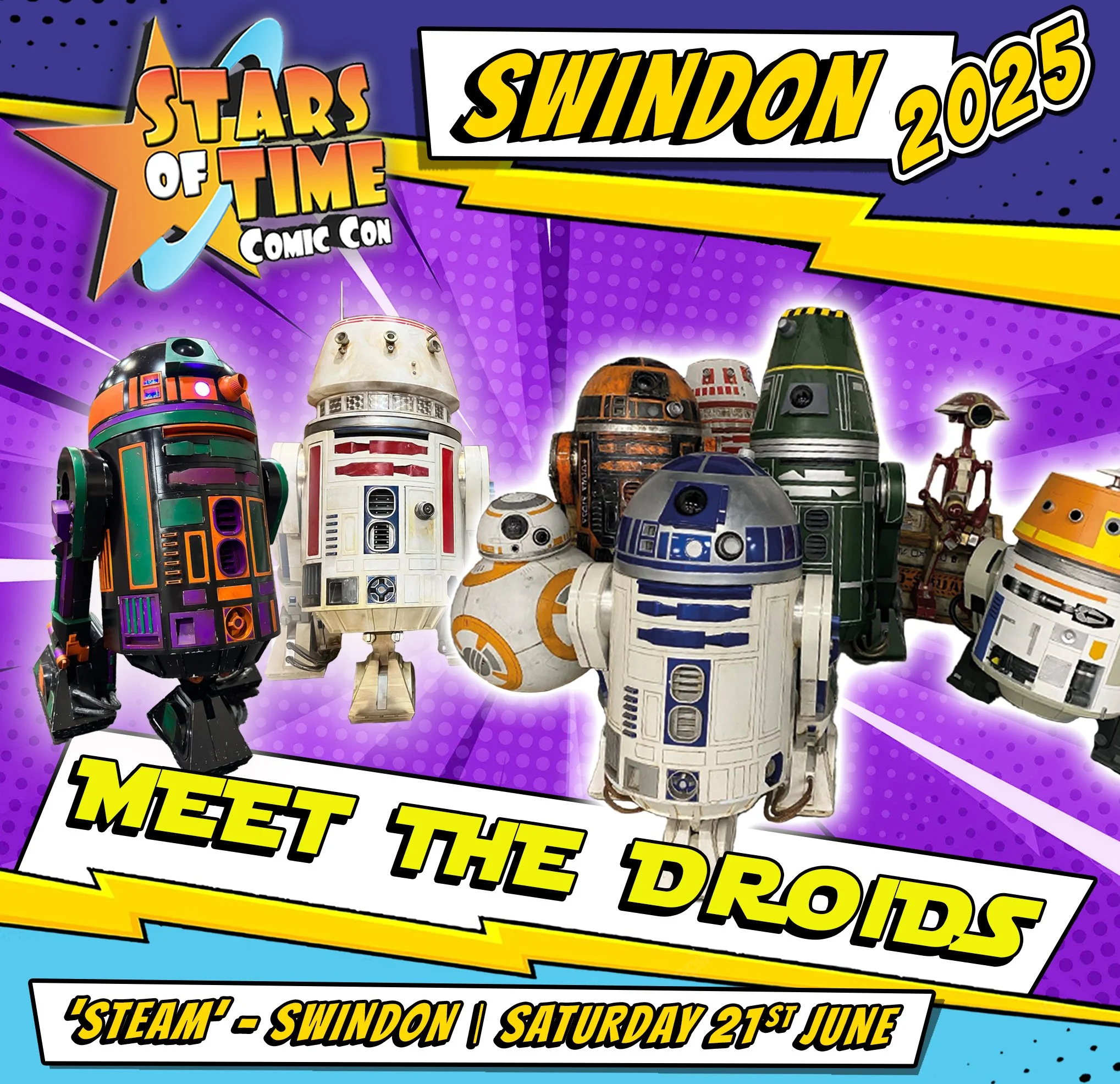 Poster advertising a Star Wars-themed comic convention in Swindon, 2023, featuring various R2-D2 droids with colorful, stylized comic book graphics and text.
