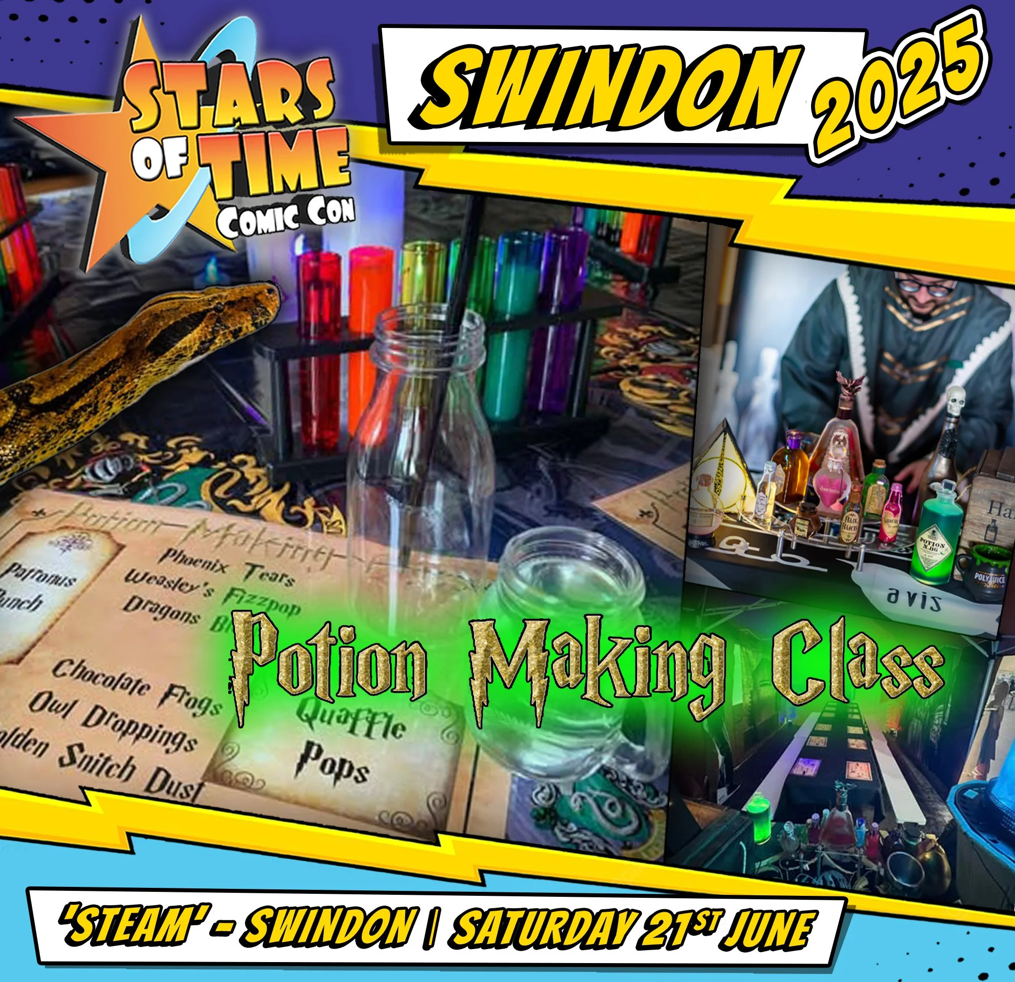 Poster for a potion making class at Stars of Time Comic Con in Swindon on June 21st. The poster features colorful images of potion bottles, a spell book, and a snake, with vibrant comic-style graphics and text promoting the event.