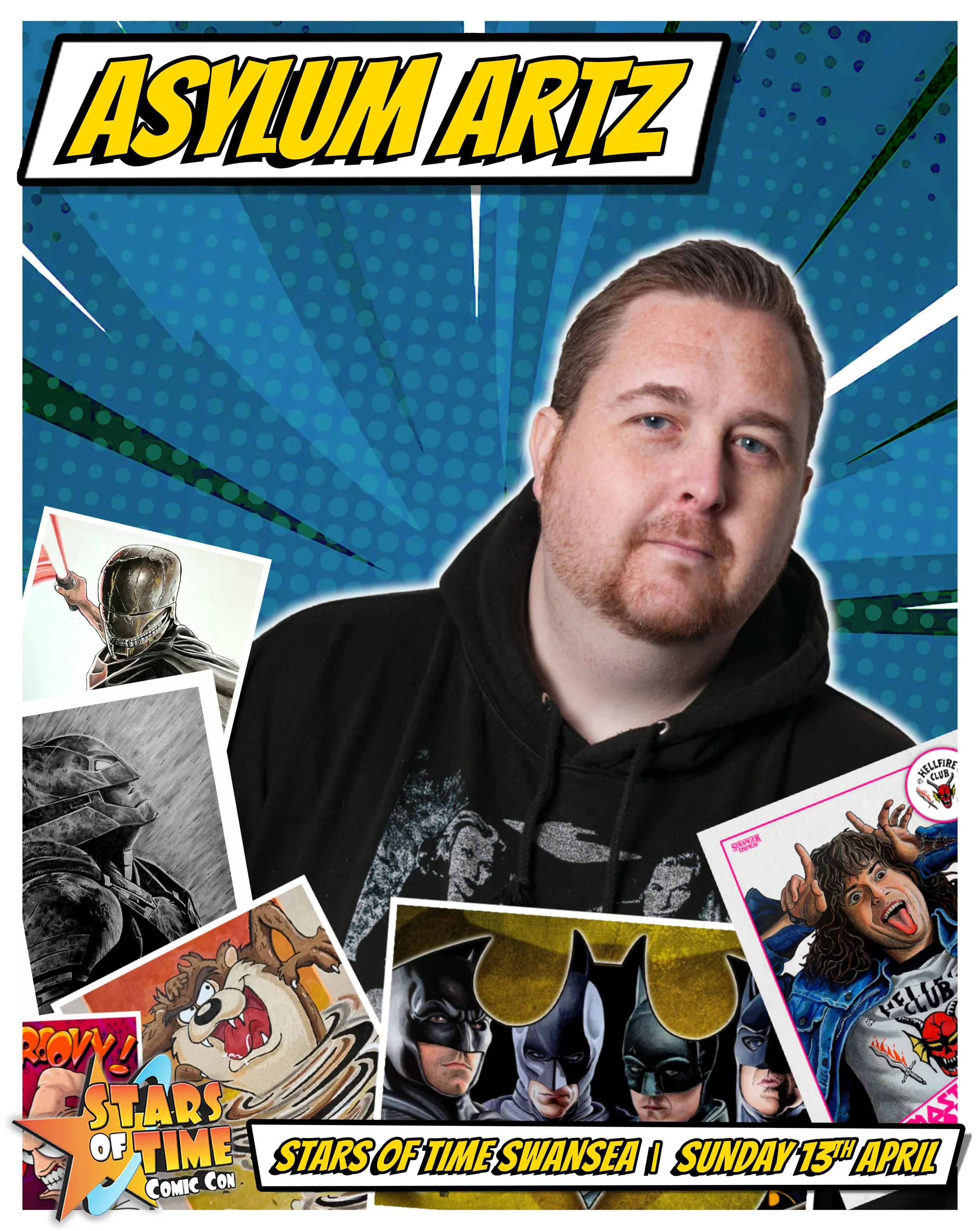 Promotional poster for Stars of Time comic con with a man in a black hoodie at the center, surrounded by various comic and cartoon character images, and a vibrant blue comic book style background.