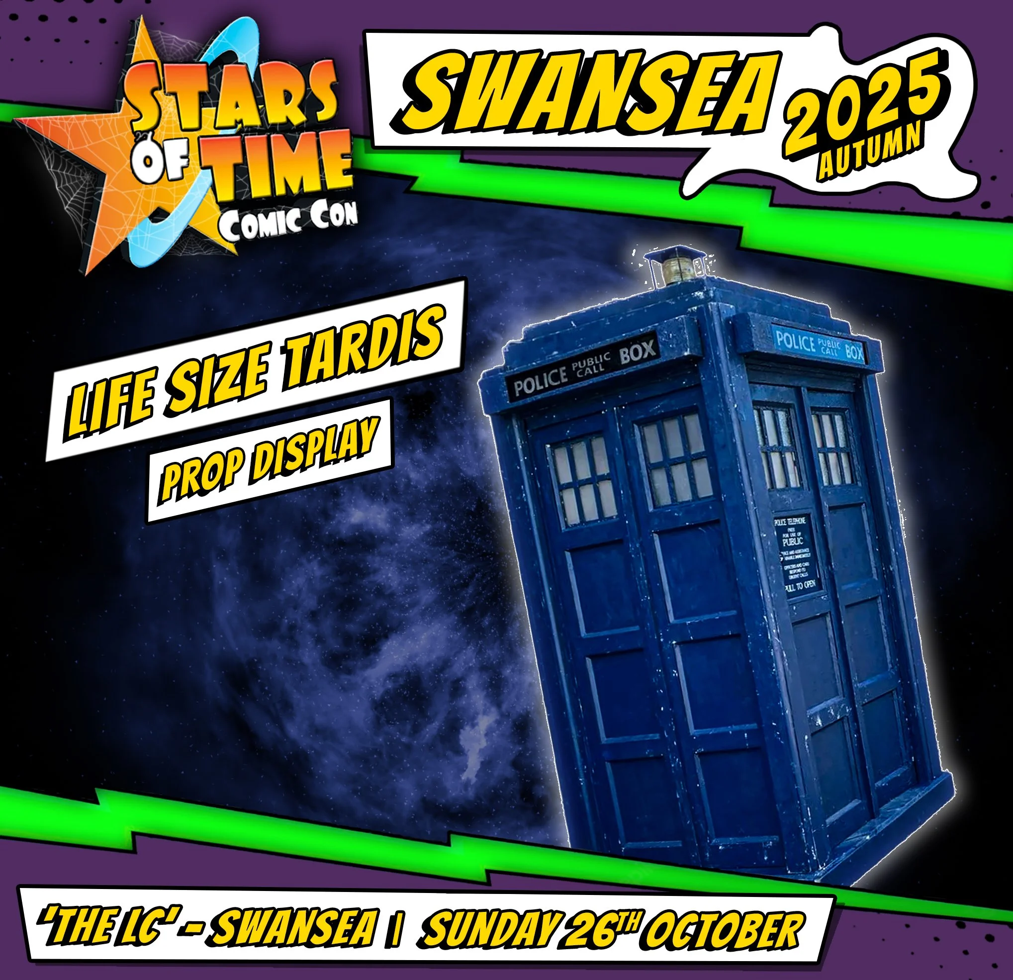 Transformers-themed poster promoting Stars of Time comic con at Swansea 2025, autumn event featuring a life-sized TARDIS prop display from Doctor Who. The poster has a space background with a purple border and bright yellow and black text, with a green accent line at the bottom.