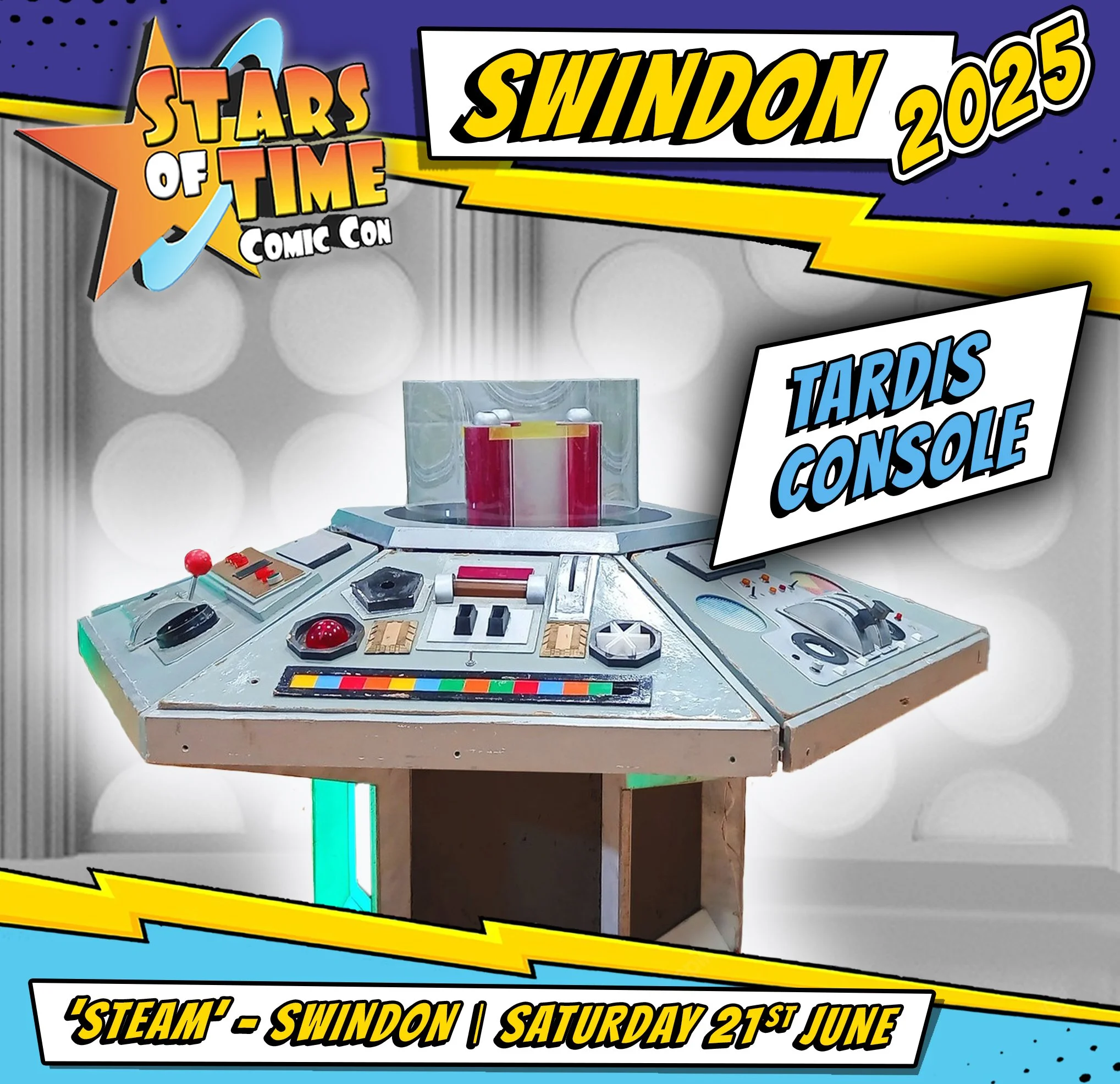 A vintage TARDIS console from Doctor Who, displayed as a playset with various controls and lights, at the Swindon 2025 Stars of Time Comic Con event.