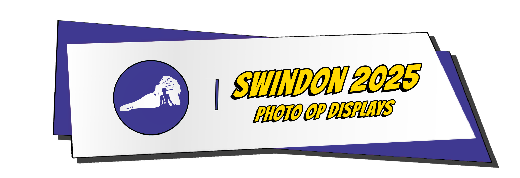 Swindon 2025 photo op displays banner with a lion and a person silhouette, colored in white and blue, with bold yellow and black text.