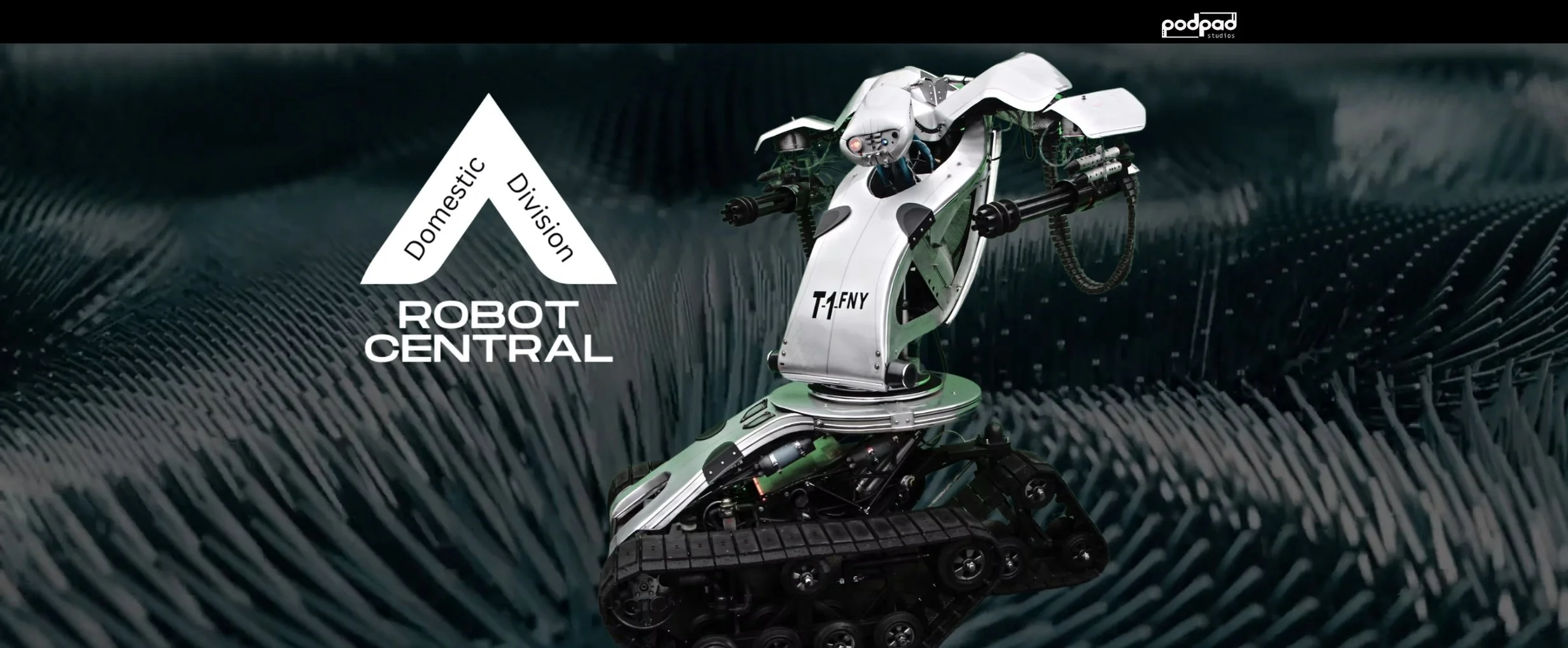 A robotic arm with tank-like tracks on a textured surface, with text indicating 'Domestic Division' and 'Robot Central' in a modern, technological style, with a small logo in the top right corner.