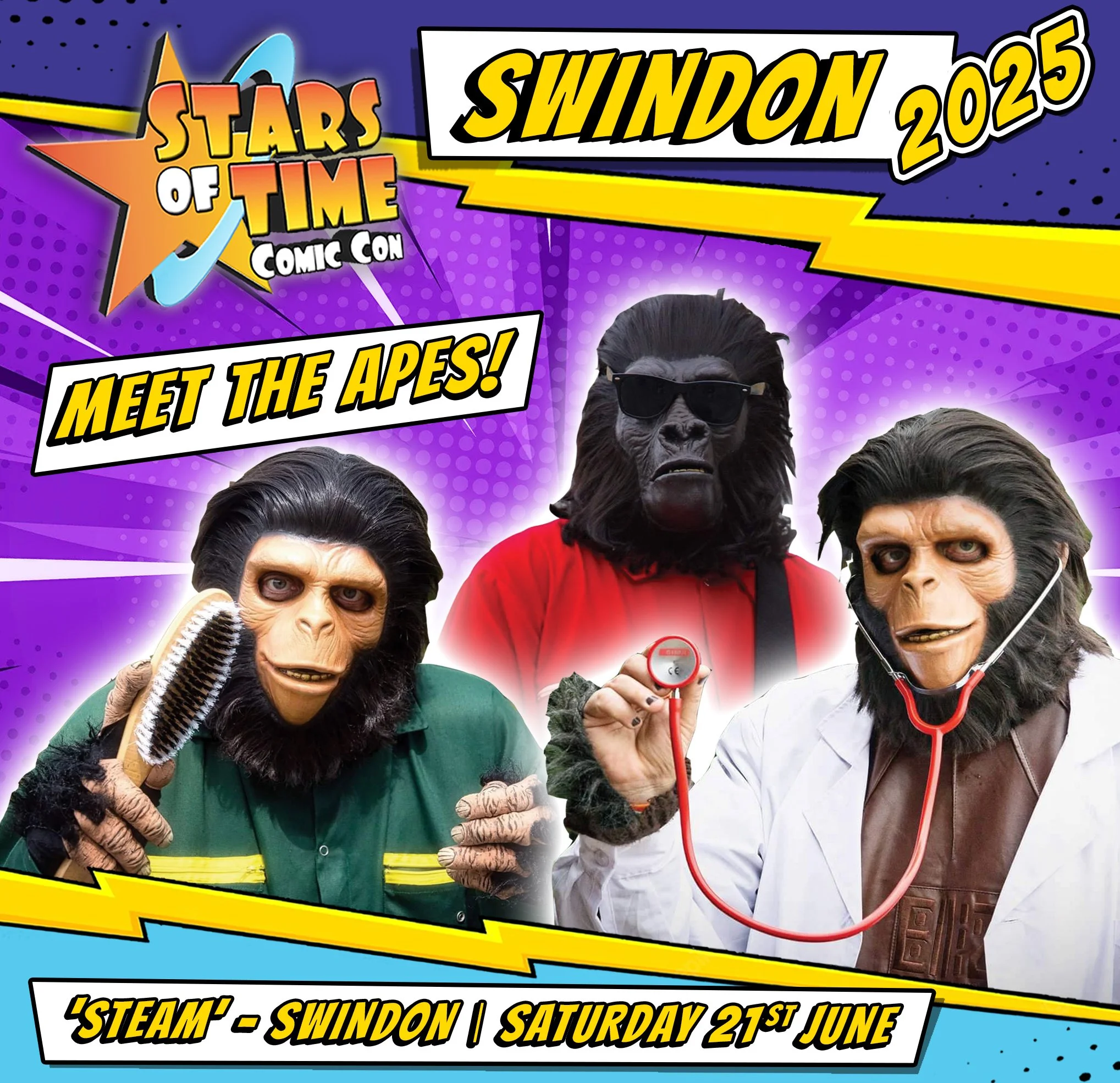 A promotional poster for the Swindon Stars of Time Comic Con event, featuring three people dressed in ape masks and costumes. One is holding a hairbrush, another with sunglasses and a red shirt, and the third with a stethoscope. The background is purple with comic-style graphics, and the event date is Saturday, June 21st, 2025.