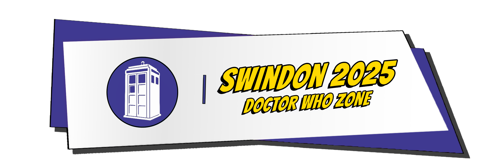 Banner for Swindon 2025 Doctor Who Zone featuring a logo with a blue police box icon and bold yellow text on a white background.