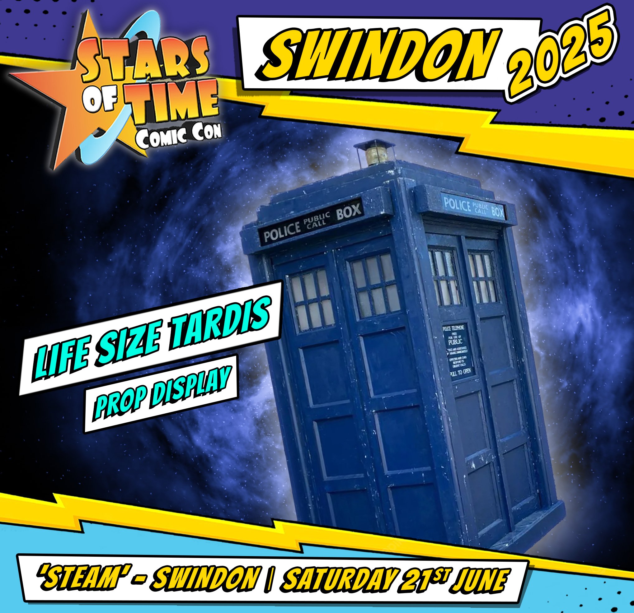 Comic book-style poster for Stars of Time Comic Con Swindon 2023 with a prop display of a life-size TARDIS from Doctor Who, set against a galaxy background, featuring event details and date.