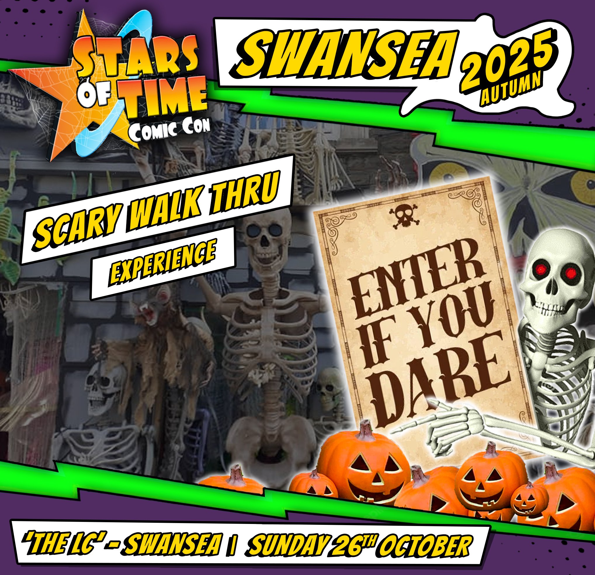 Promotional poster for the Stars of Time Comic Convention featuring Halloween themed decorations, skeletons, pumpkins, and a sign that says 'Enter if you dare,' advertising a scary walk-through experience at Swansea's 2025 Autumn event.