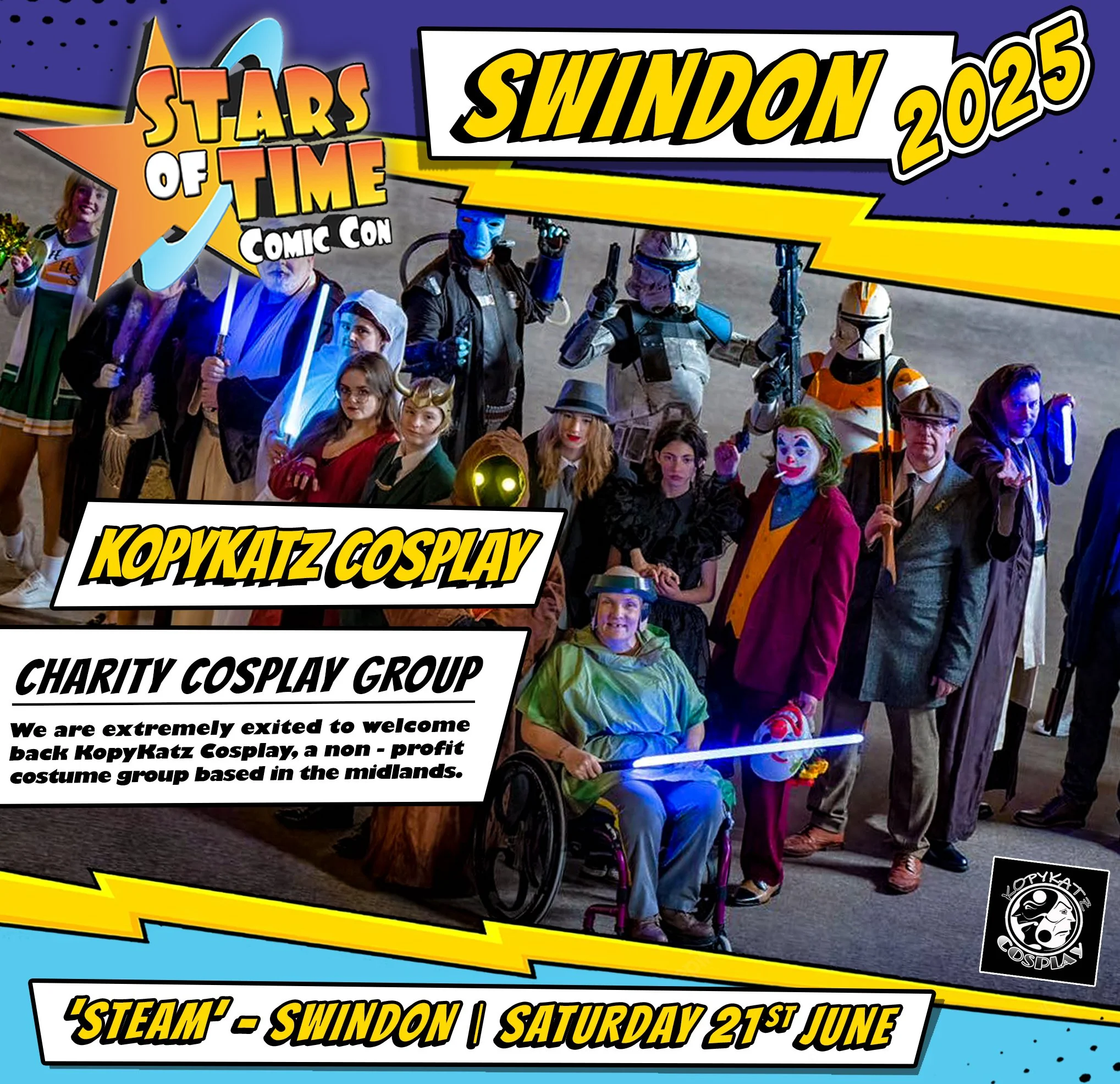 Group of people dressed in cosplay costumes, including a person in a wheelchair, at a comic con event with Star Wars and Joker themes, promoting Swindon 2025 charity cosplay group event on Saturday, June 21st.