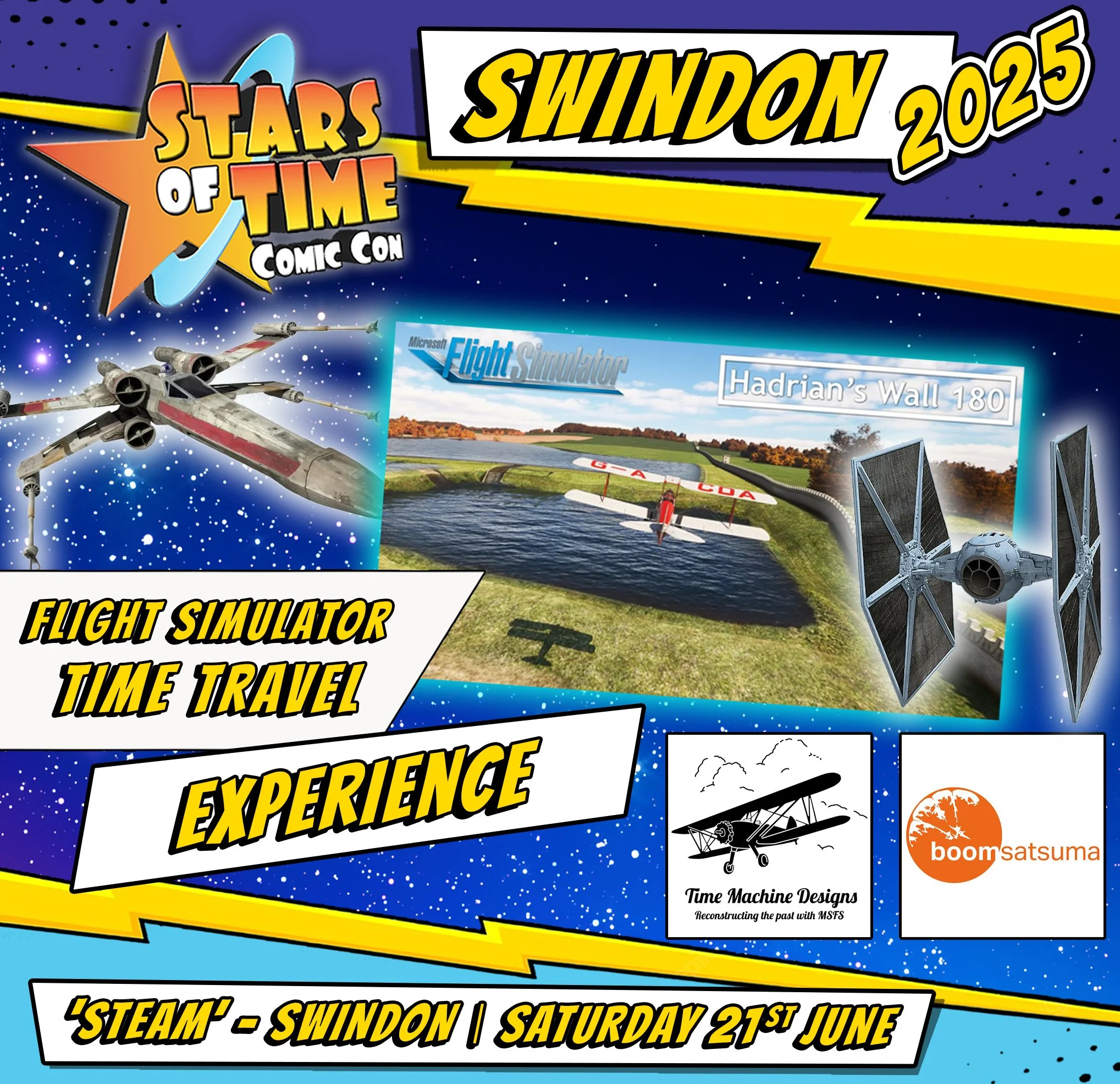 Event poster for 'Stars of Time Comic Con' in Swindon 2025 promoting flight simulator time travel experience, featuring a spaceship, a flight simulator game screen, a TIE fighter from Star Wars, and logos including 'Time Machine Designs' and 'boomSatsuma'.