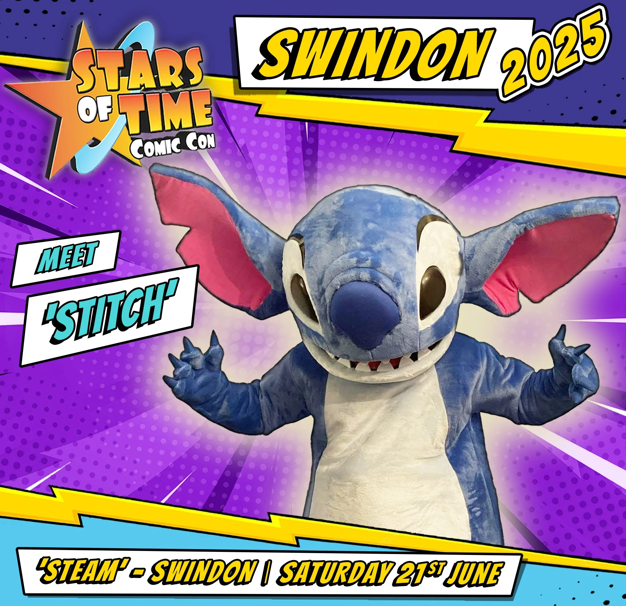 A cartoon poster for Stars of Time Comic Con in Swindon 2025 featuring a plush costume of Stitch from Disney's Lilo & Stitch with a purple background, comic book style text, and event details.