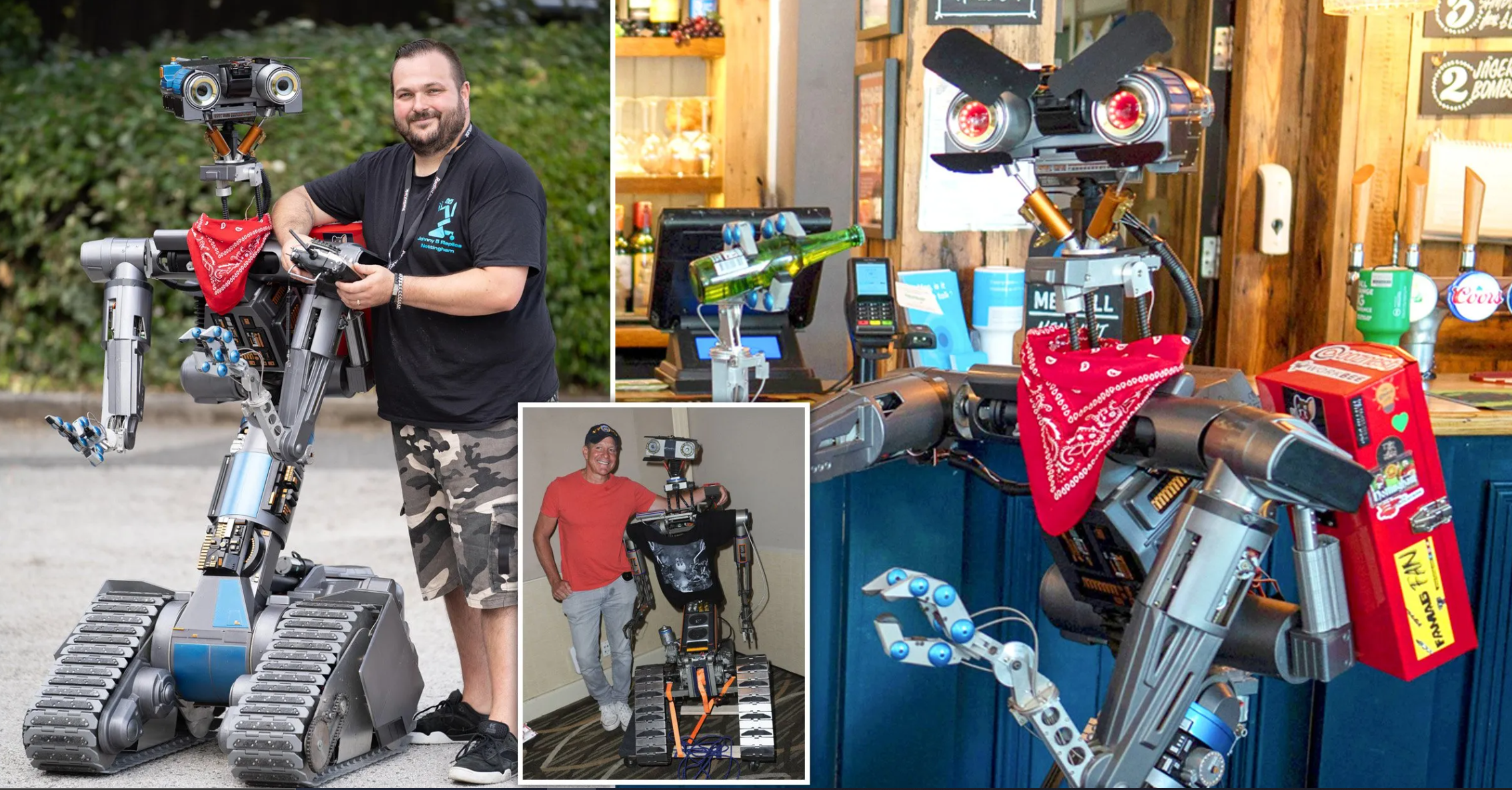 A man standing next to a humanoid robot with tank treads, wearing a black t-shirt and camo shorts. The robot has a red bandana around its neck. An interior setting with a counter, bottles, and a menu sign is visible. An inset shows another man with gray hair and a red shirt, standing next to a similar robot with tracks, inside a room.