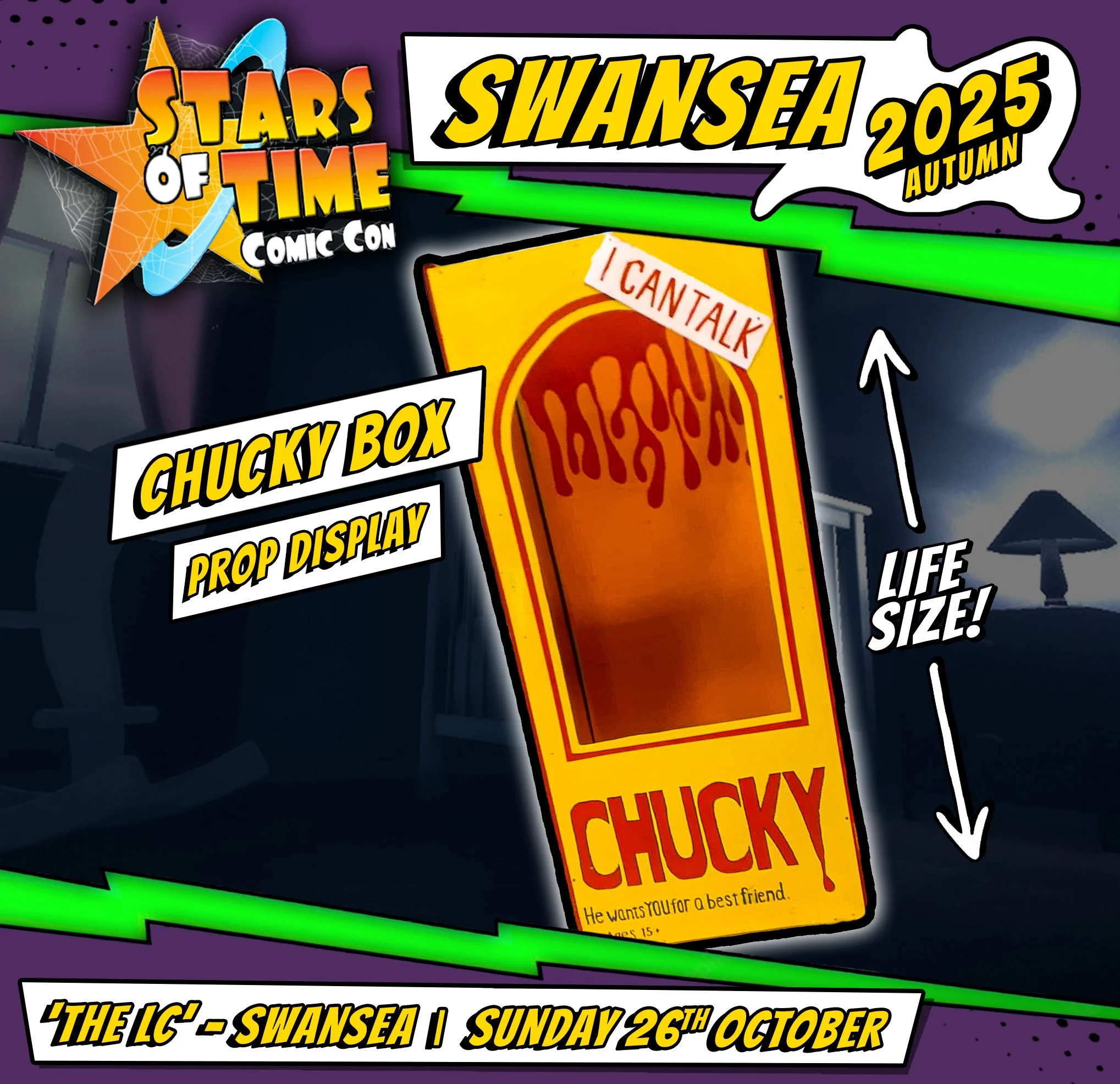 Promotional poster featuring a life-sized Chucky box prop from the movie Child's Play, with event details including Swansea Comic Con 2025 Autumn, happening on Sunday, October 26th, at The LC Swansea. The poster includes colorful comic-style text and graphics.