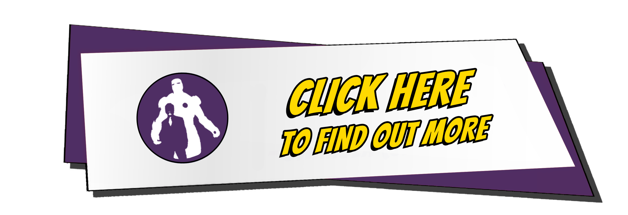 A coupon-style graphic with a purple and white background featuring a logo of two stylized humanoid figures and bold yellow text that says "CLICK HERE TO FIND OUT MORE".