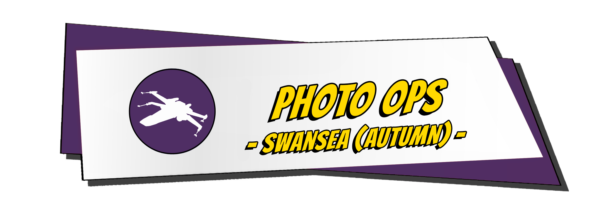 A sign with a purple circle featuring a white sci-fi spaceship, and bold yellow text that reads 'PHOTO OPS SWANSEA (AUTUMN)'.