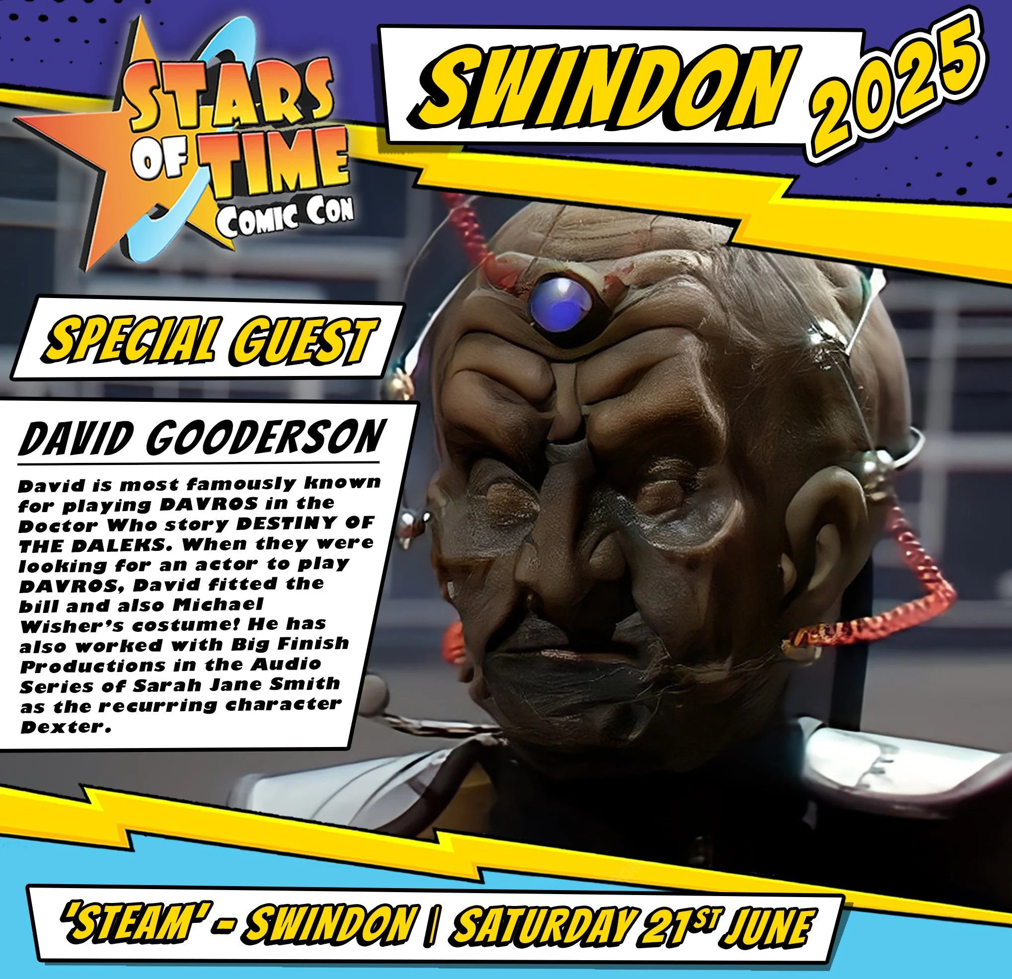Promotional poster for the Stars of Time Comic Con in Swindon 2023 featuring special guest David Goderson, with a background image of a detailed science fiction mask or sculpture with wires and lights.