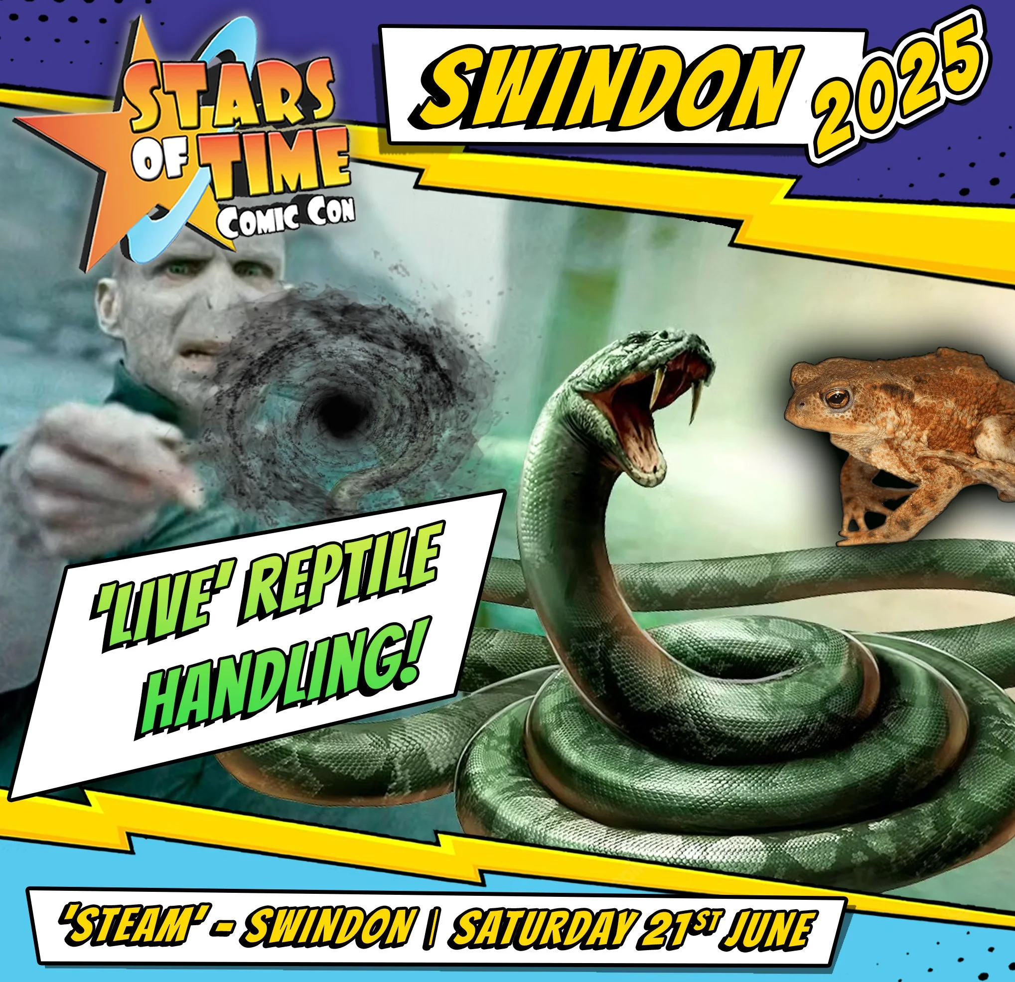 Promotional poster for Swindon Comic Con 2025 featuring a hologram of a man with pale skin and green eyes, a black hole vortex, a large snake with its mouth open, a brown toad, and text promoting a live reptile handling event on Saturday, June 21st.