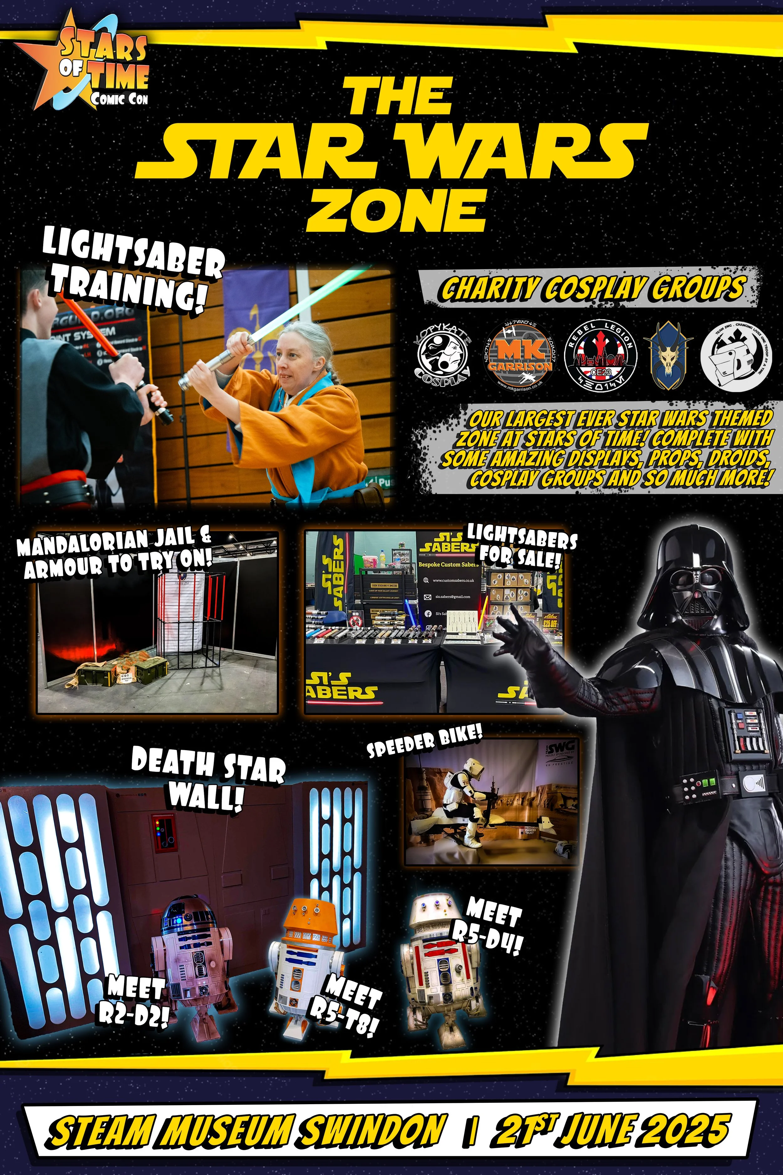 Poster for Stars of Time Comic Con featuring The Star Wars Zone with activities such as lightsaber training, Mandalorian jail and armor try-on, Death Star wall, Speeders bike, and character meet-and-greets, at Steam Museum Swindon on June 21, 2025.