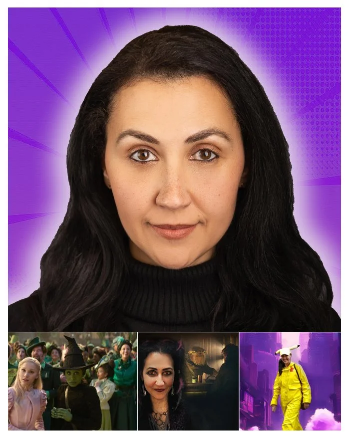 A collage with a large portrait of a woman with long dark hair and light makeup, against a purple comic-style background. The smaller images include a group of people in costumes, a woman with dark hair and makeup in a restaurant, and a person in a yellow outfit with a bunny head in an urban setting.