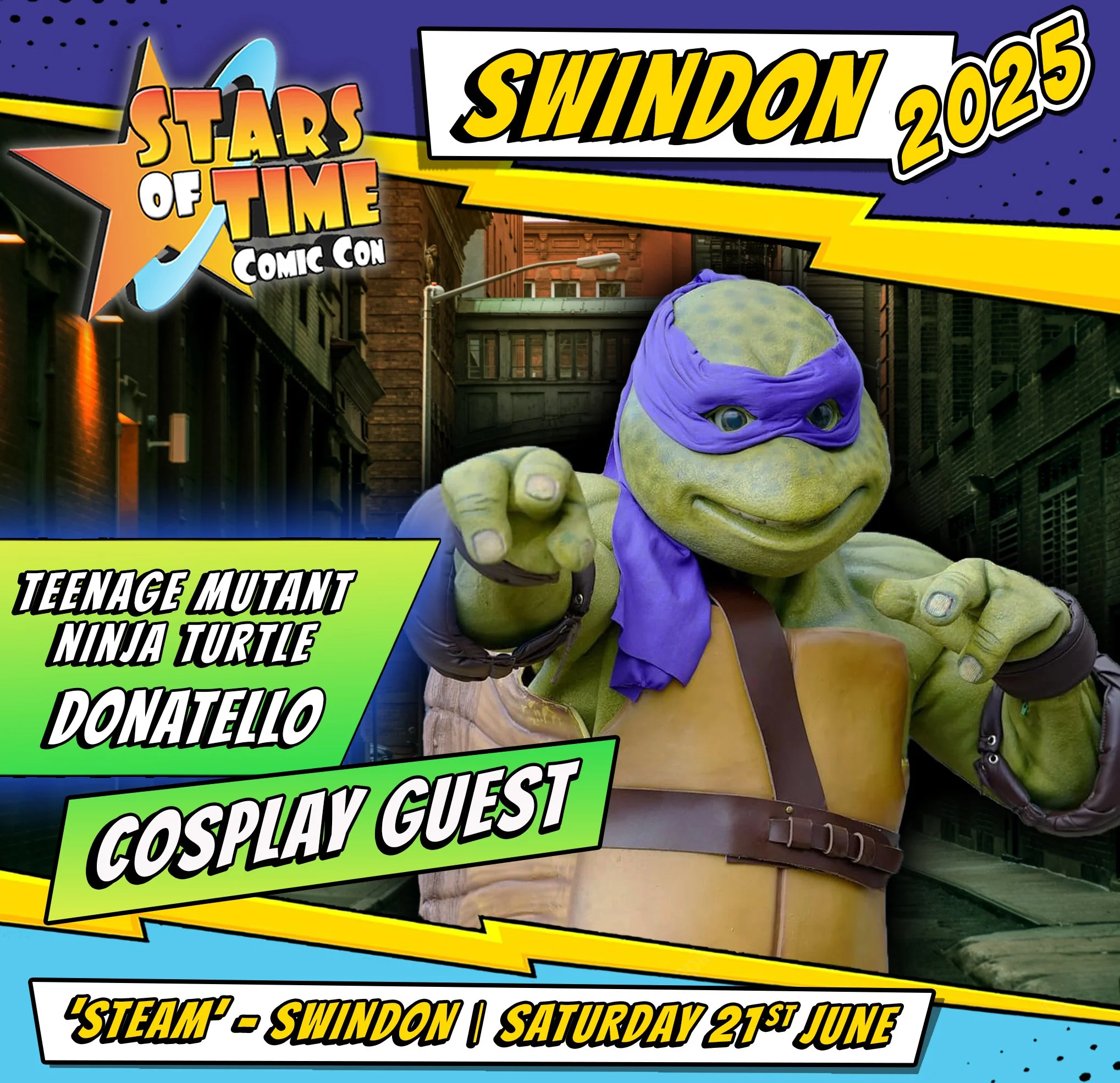 Poster for Stars of Time Comic Con in Swindon 2023 featuring Teenage Mutant Ninja Turtle Donatello as a cosplay guest, with a cartoon background of city streets.