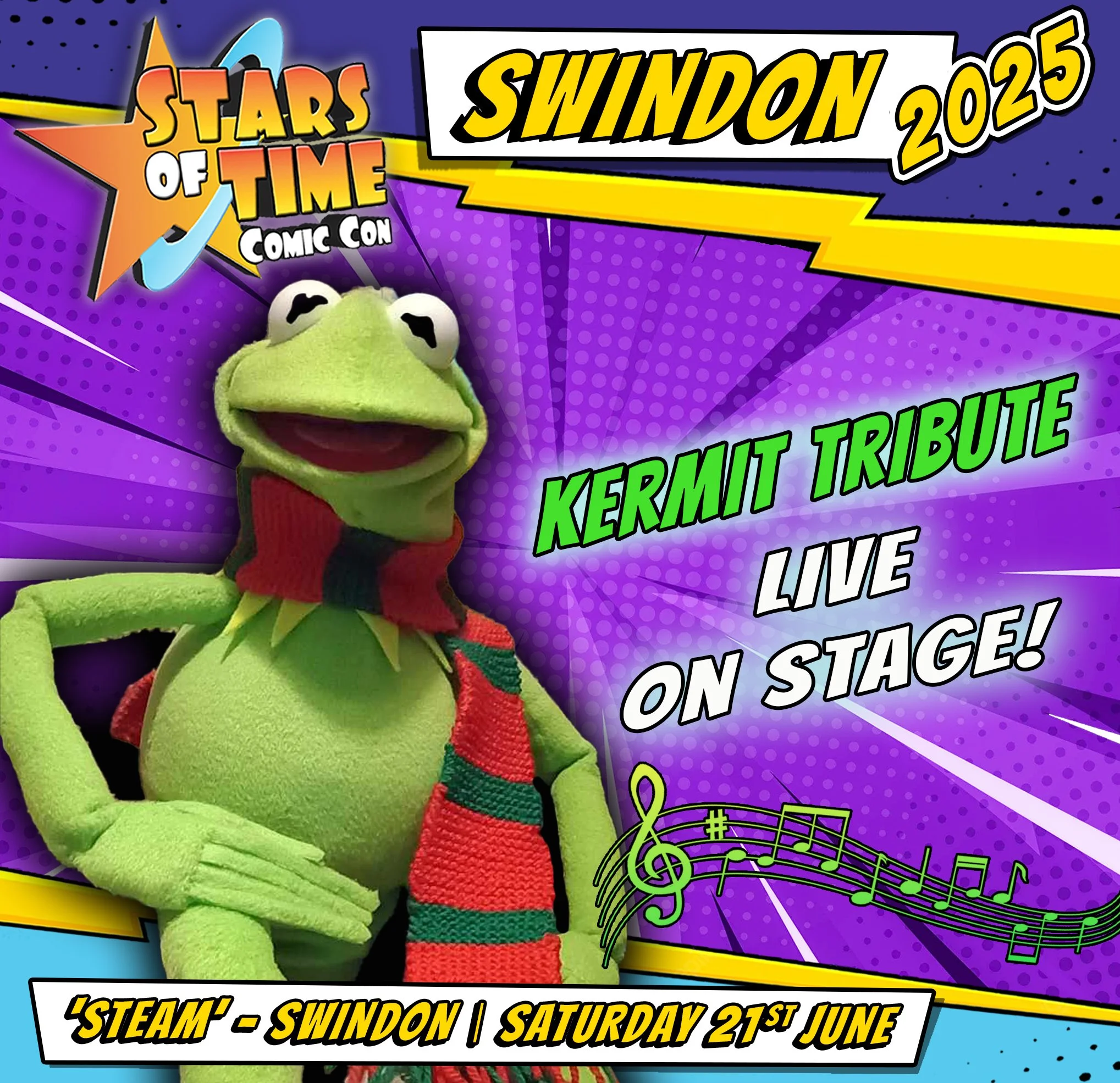 Promotional poster for Stars of Time Comic Con 2025 in Swindon featuring a Kermit the Frog puppet and text about a Kermit tribute live performance on stage, scheduled for Saturday, June 21st at 'Steam' in Swindon.