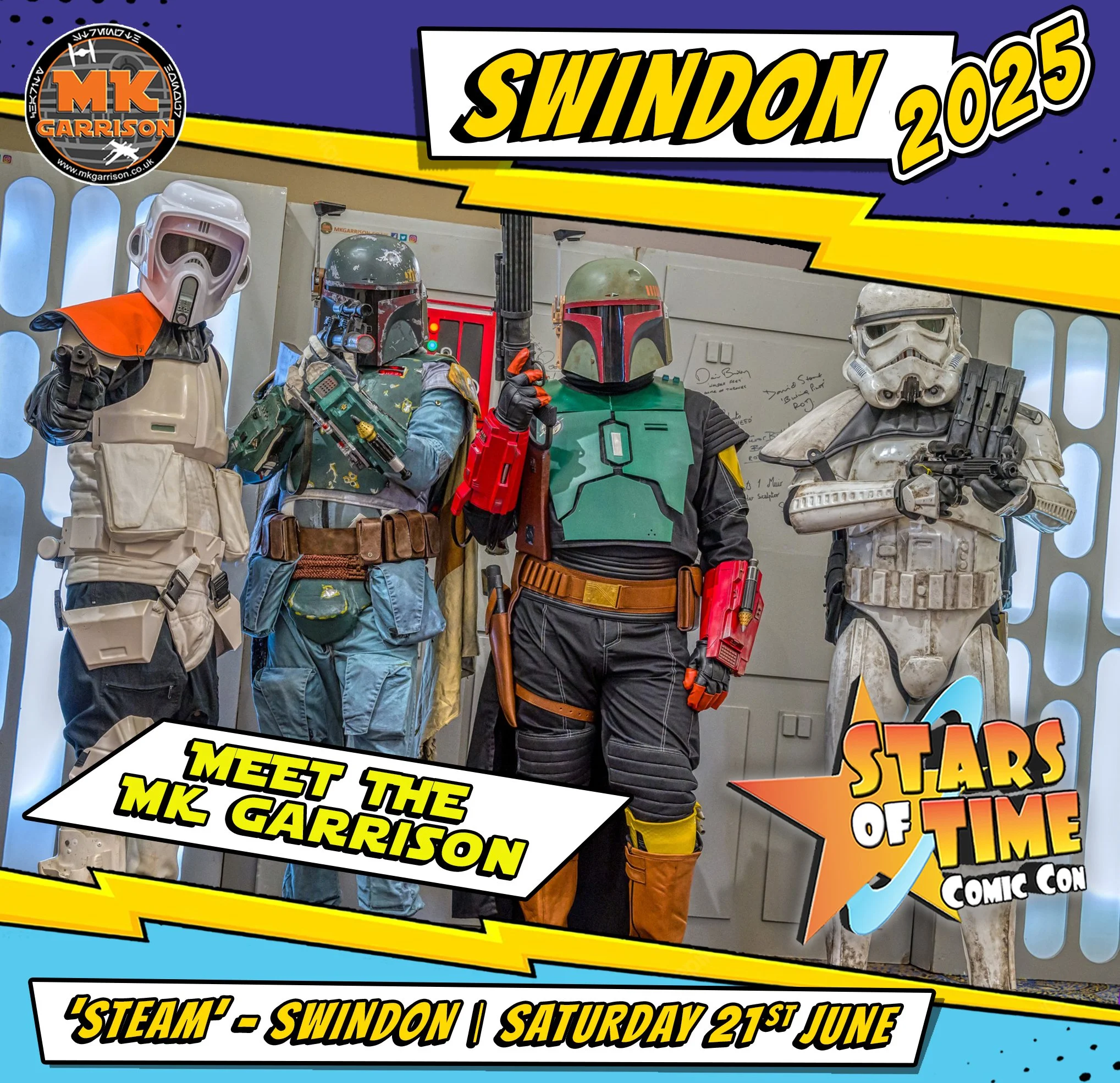 Four people dressed as Star Wars characters in costumes, standing inside a themed display with a promotional banner for Star Wars Stars of Time Comic Con event in Swindon on Saturday, June 21, 2025.