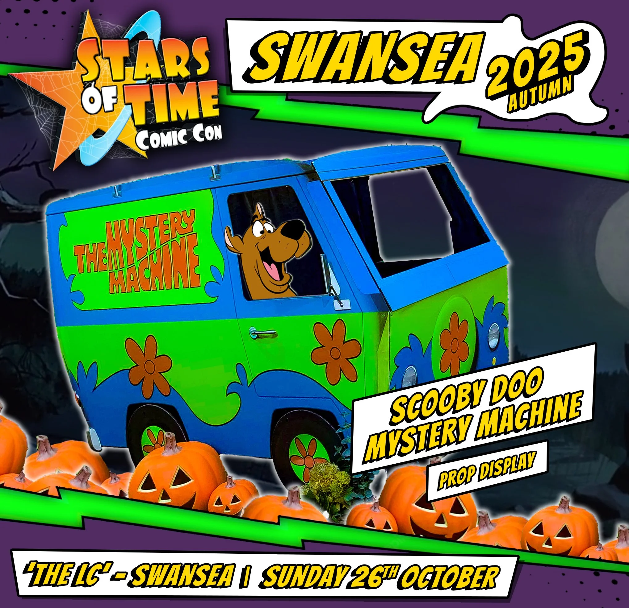 Promotional poster for the Star of Time Comic Con's Swansea 2025 Autumn event featuring a Scooby-Doo Mystery Machine prop display surrounded by carved pumpkins with faces, with text indicating the event date on Sunday, October 26th.