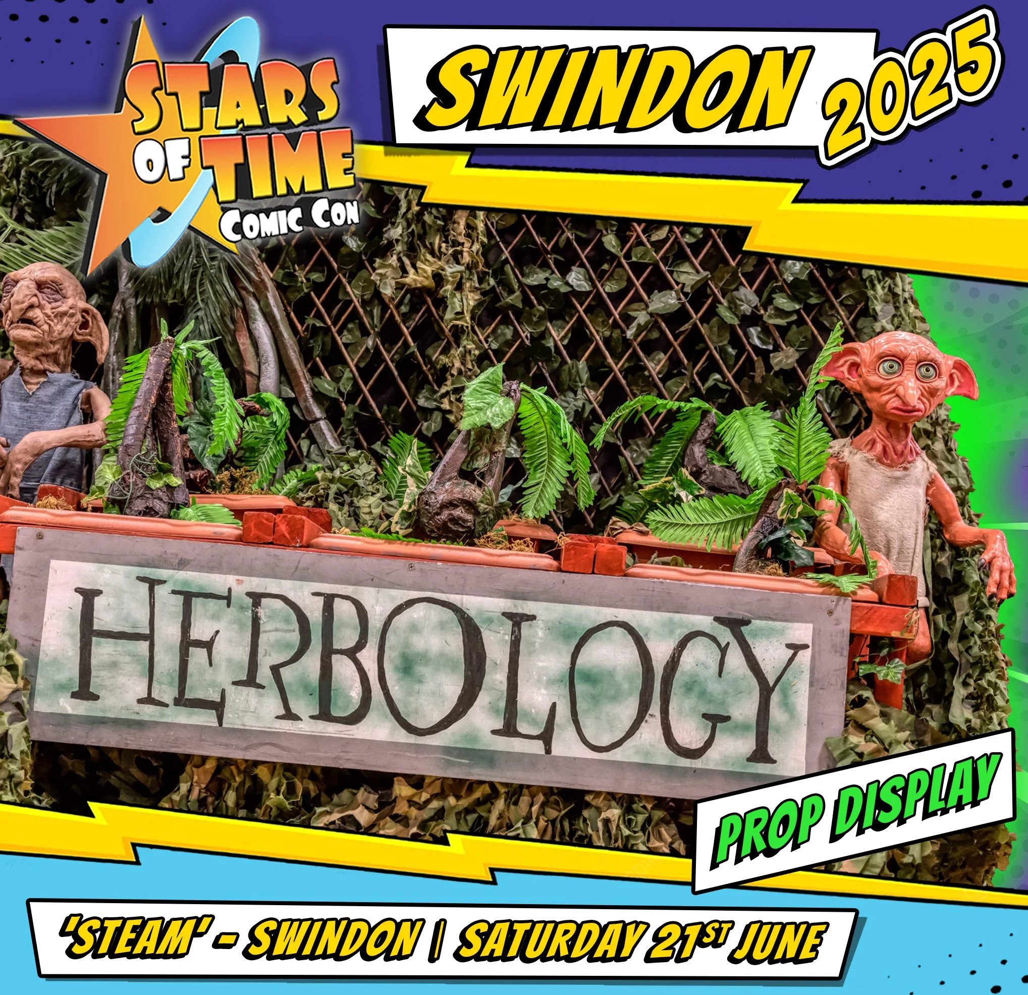 Comic con prop display featuring a sign that says "Herbiology" with models of fictional creatures, including a goblin and an alien, set against a leafy background.