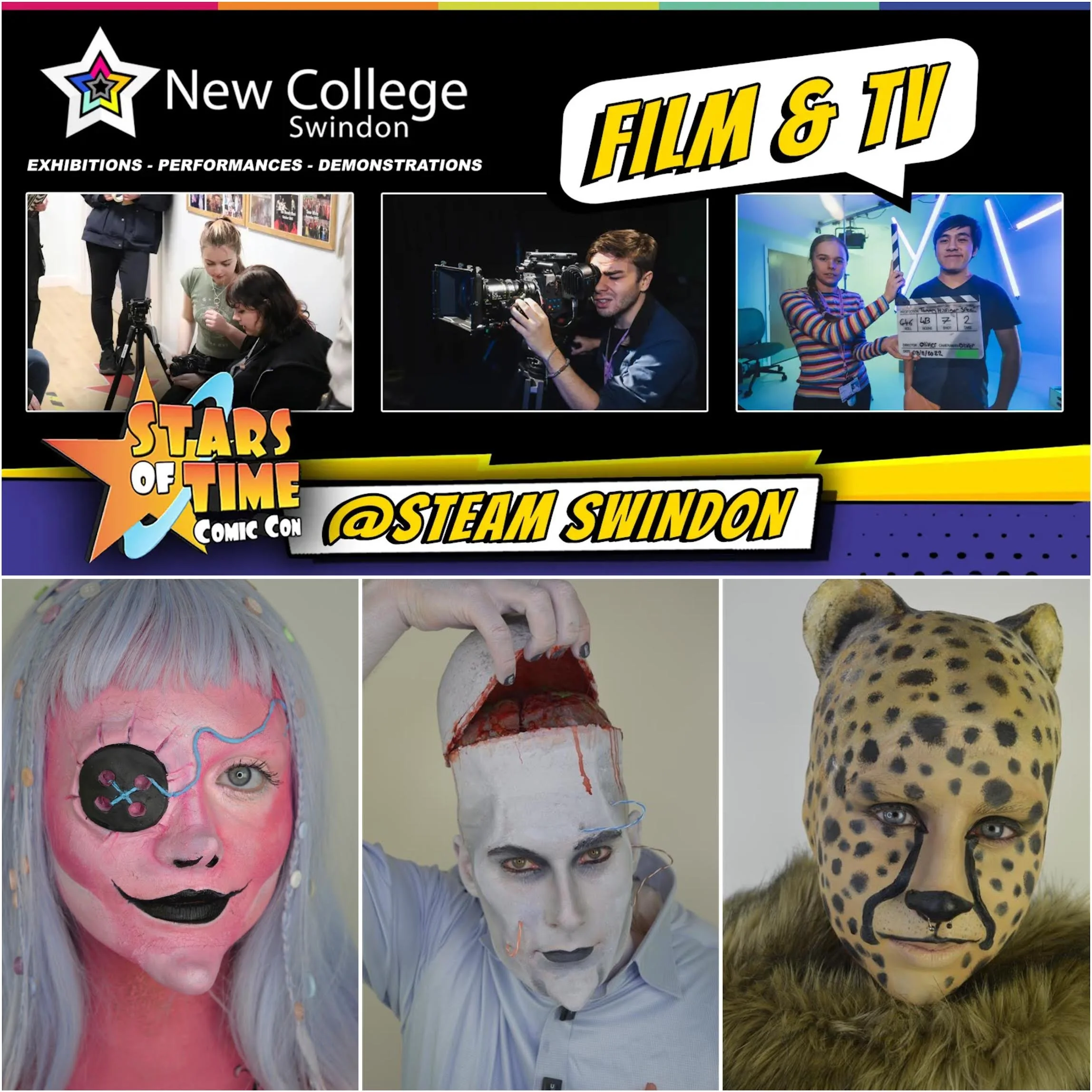 A promotional poster for New College Swindon's film and TV program featuring various behind-the-scenes images at a comic con event, including makeup special effects, costume work, and people filming and acting.