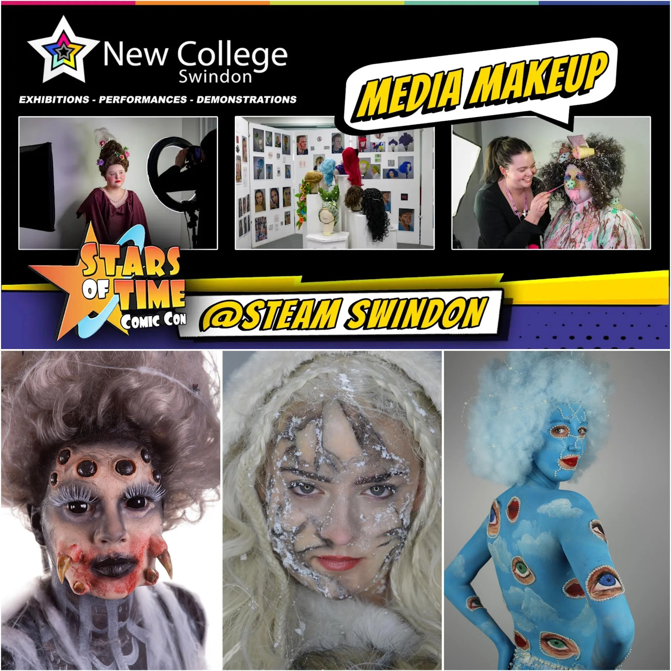 A collage of photos promoting media makeup at New College Swindon, featuring runway models, makeup demonstrations, and creative makeup designs with eyes and thematic makeup styles.