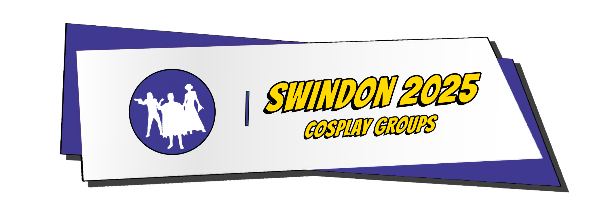 Banner for Swindon 2025 Cosplay Groups with illustrations of three cosplayers in costumes on a blue background.